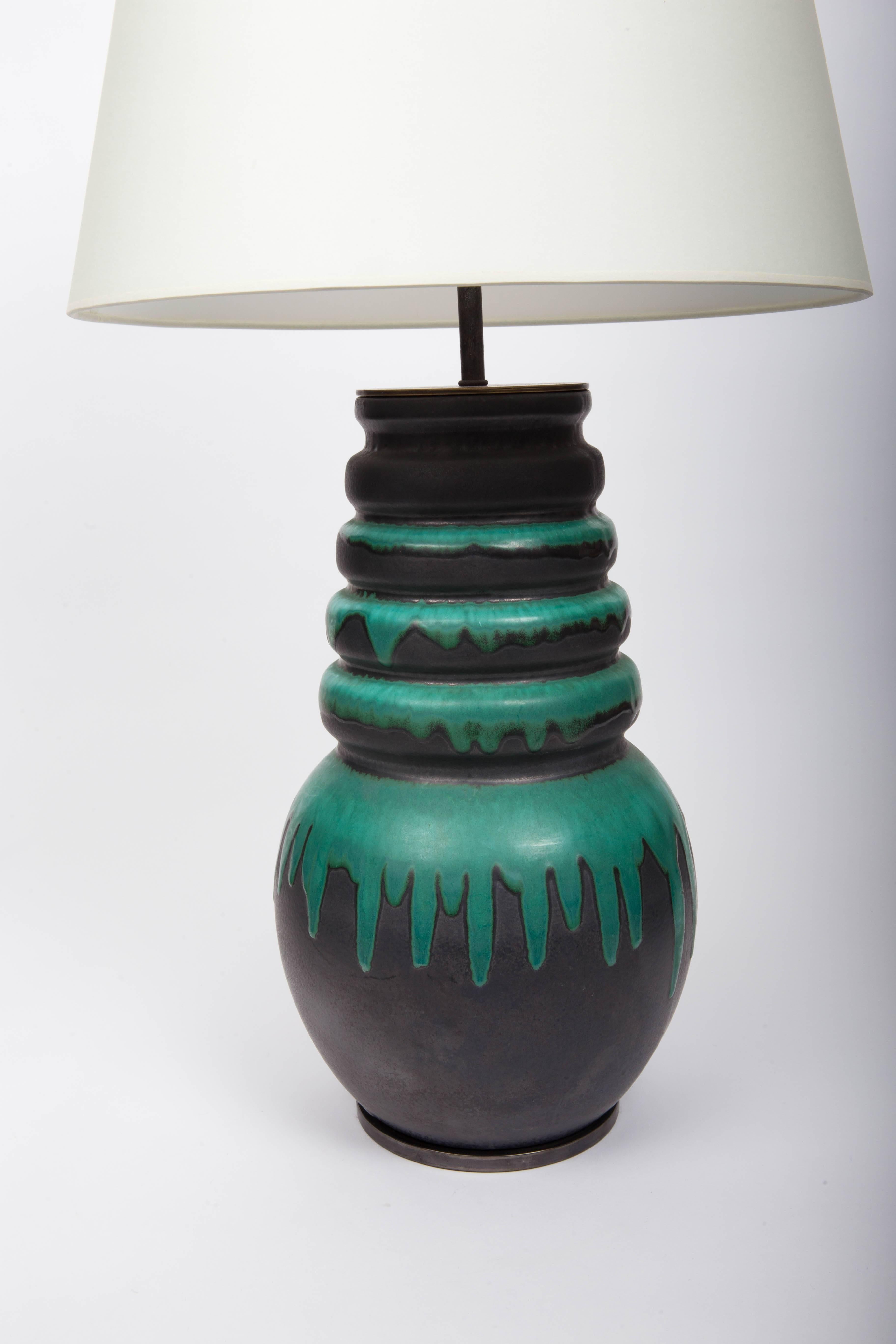 Black and Green Floor Vase by Scheurich, West Germany, Converted into Lamp In Excellent Condition In New York City, NY