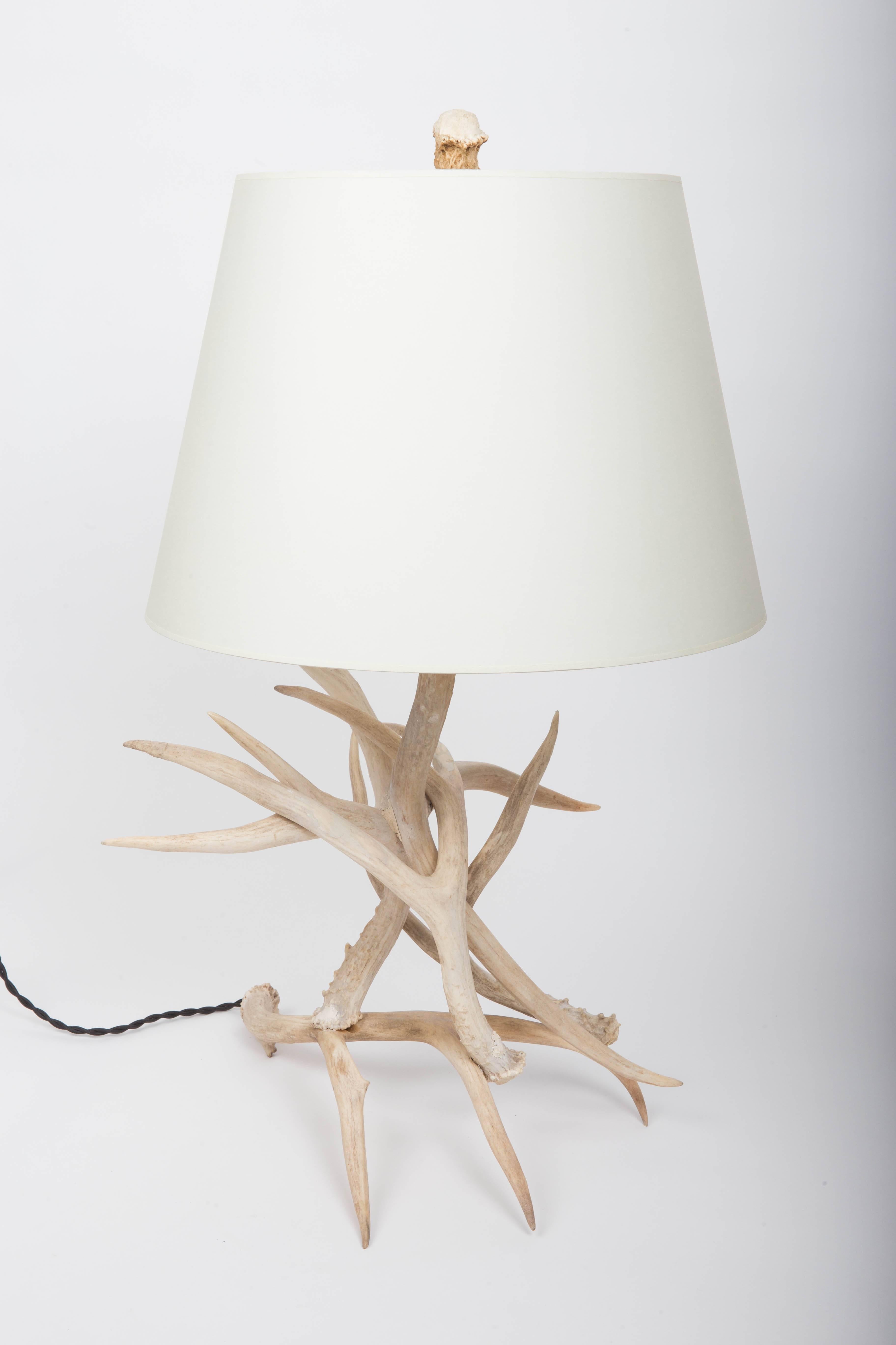 Antler table lamp, 20th century

Shade not included
Newly rewired with black twisted silk cord and bronze finish on fittings.
