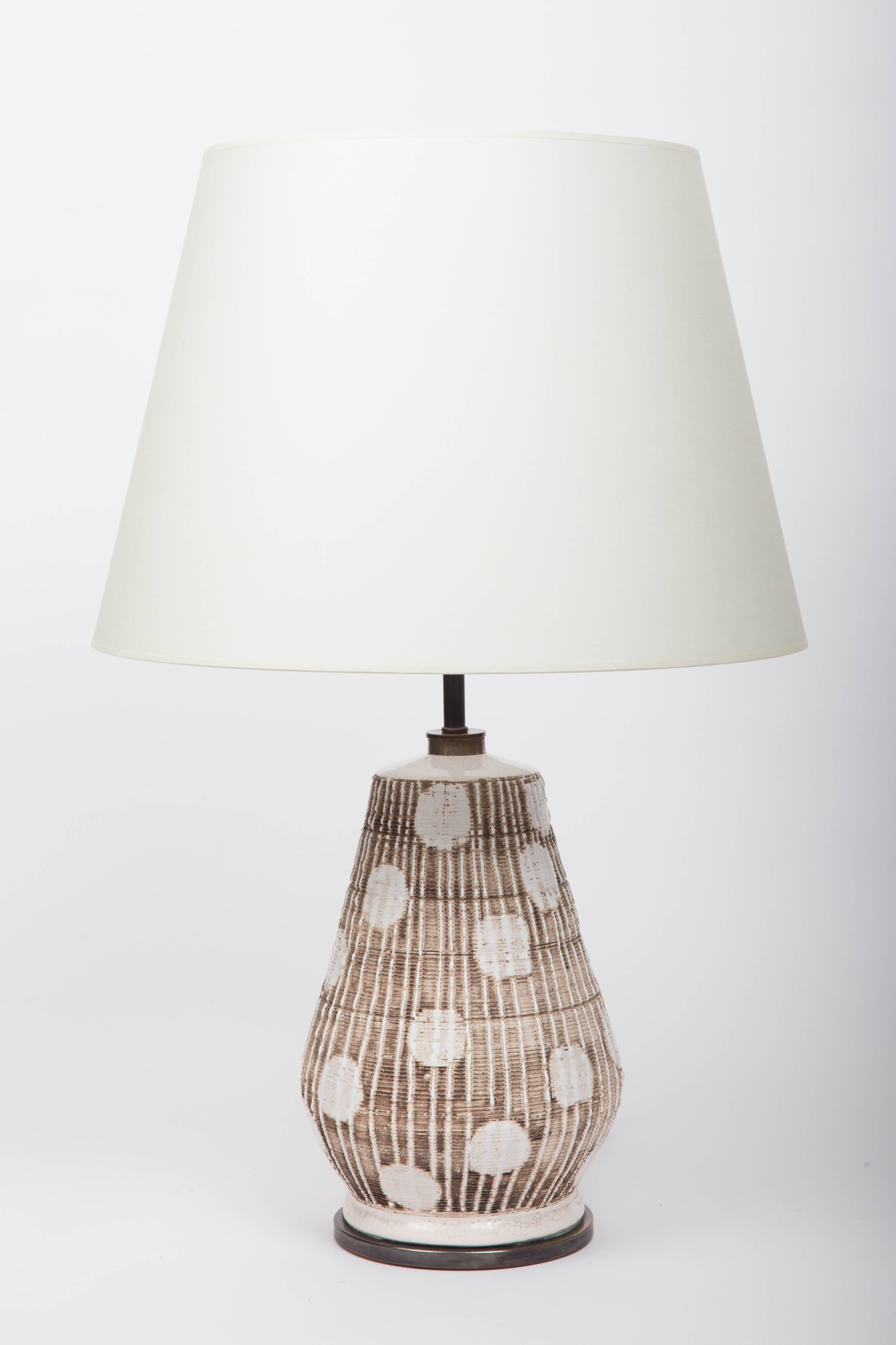 Ceramic Table Lamp in Brown and White with Graphic Dots 1