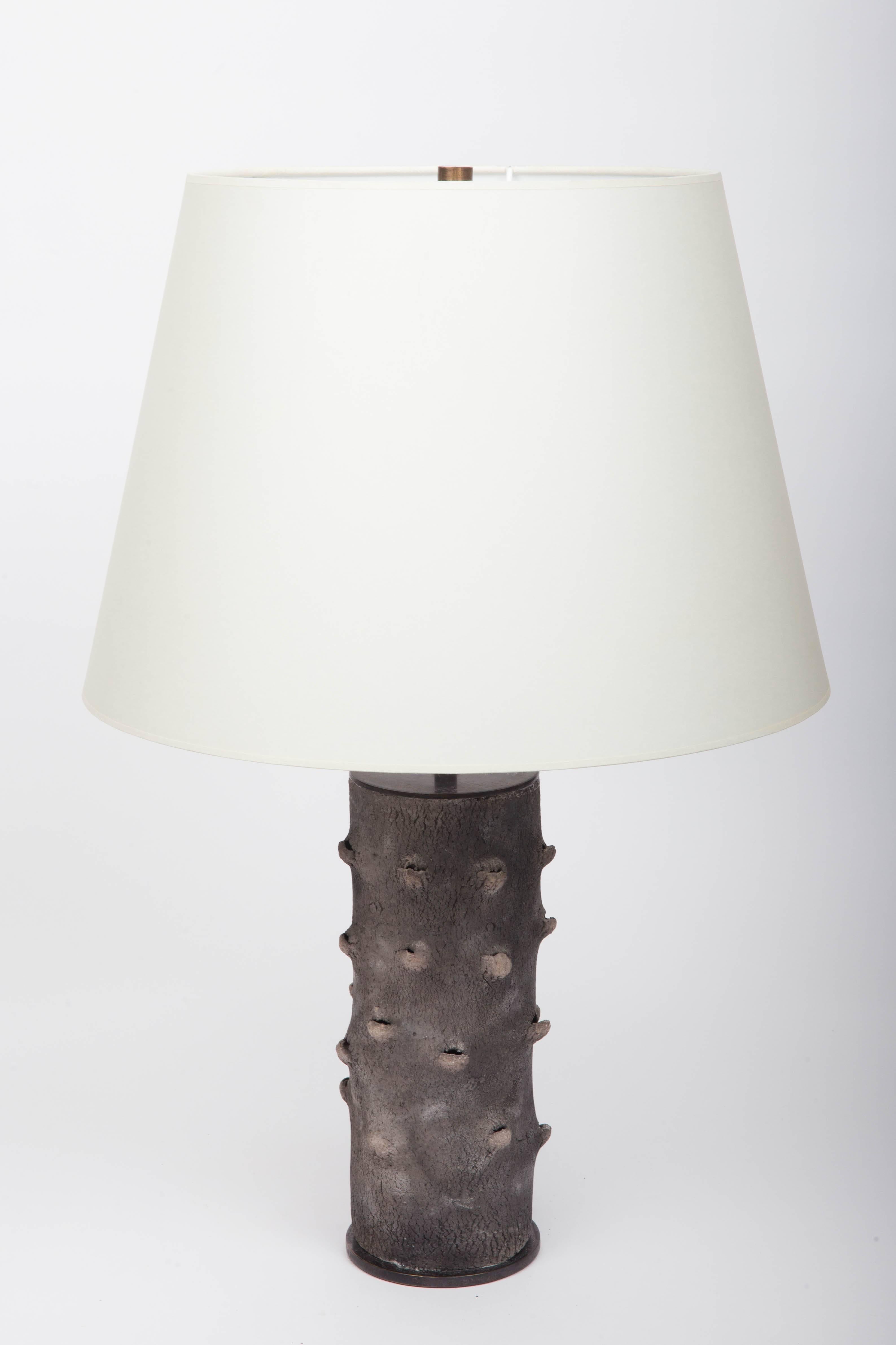 Matte grey table lamp with bark-like texture, 20th century 

Shade not included
Newly rewired with black twisted silk cord and bronze finish on fittings.