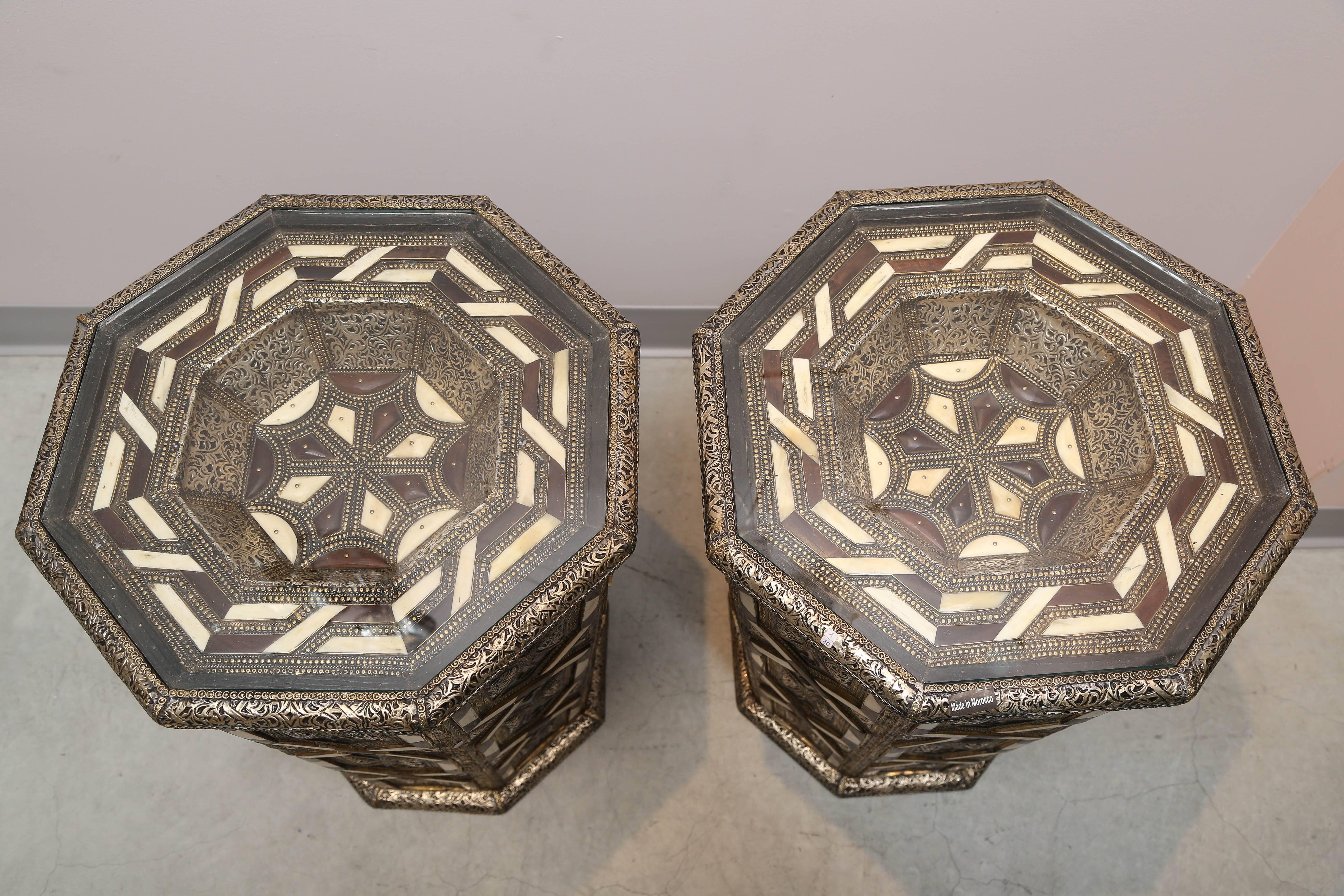 Moorish Moroccan Side Tables, Handcrafted in Morocco, metal and Faux Bone Inlay For Sale