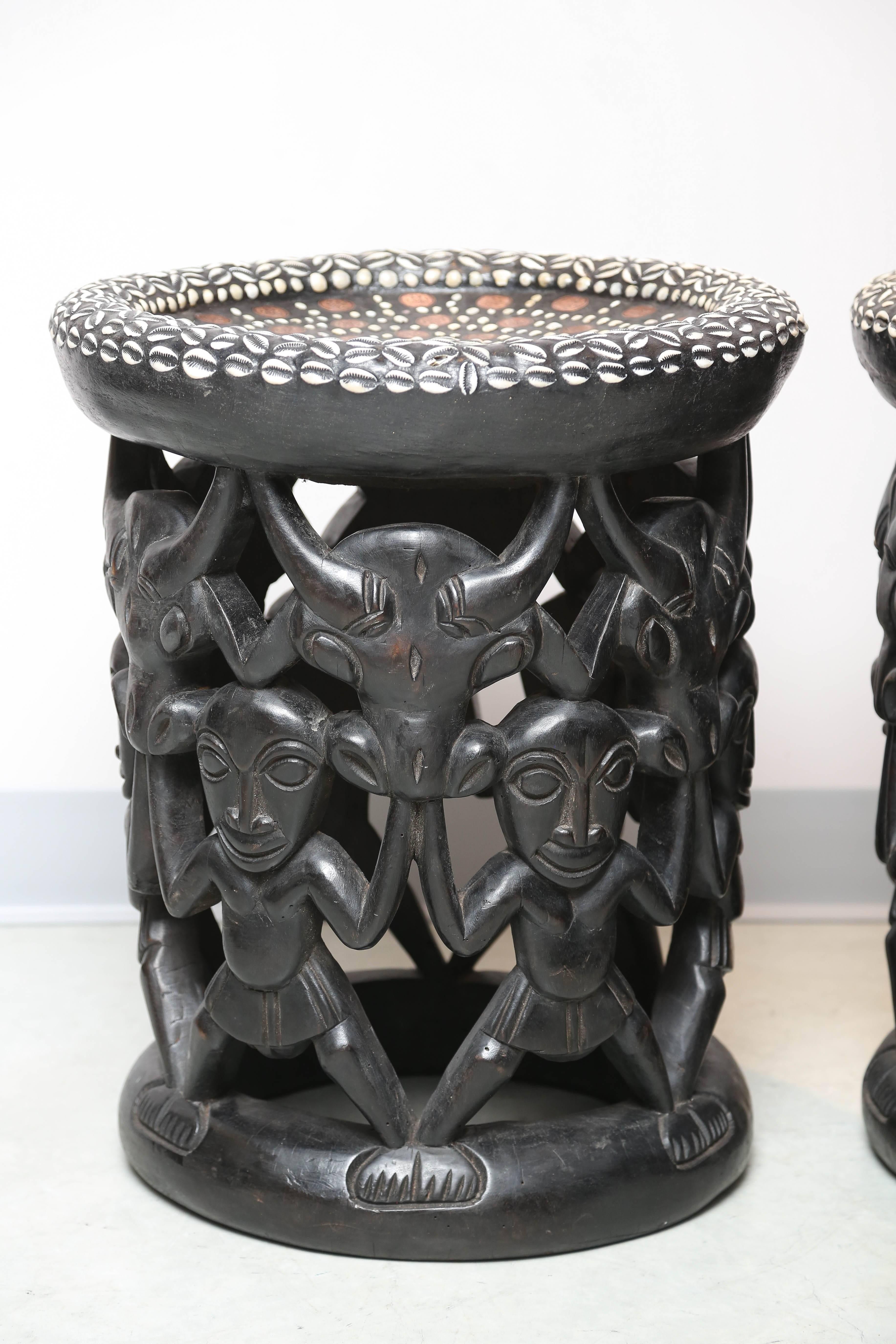 Exceptional treasure of a pair of side tables, materials render it very rich and artisan.