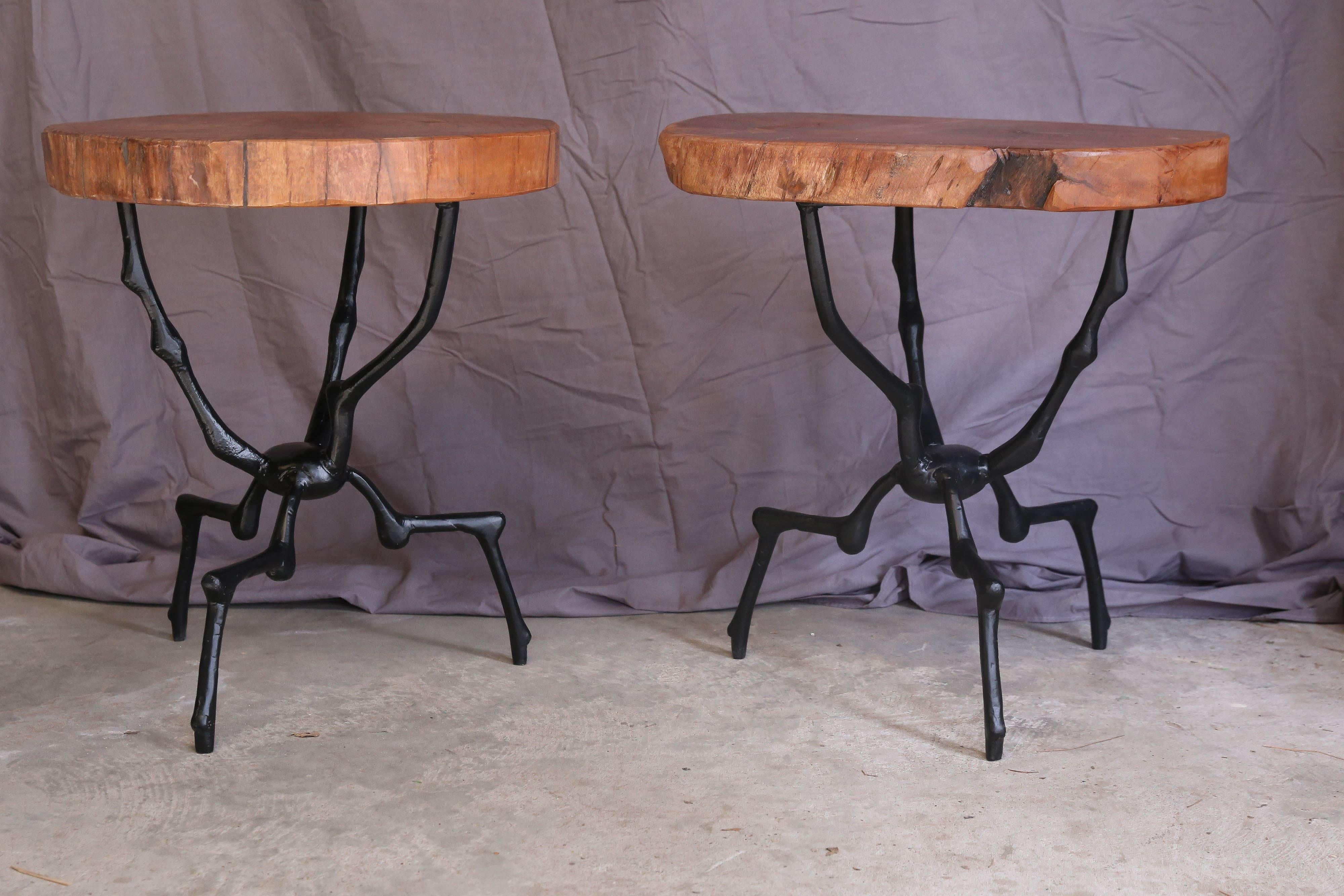 Pair of Side Tables with Three Inch Thick Hardwood Top and Castiron Stand For Sale 1