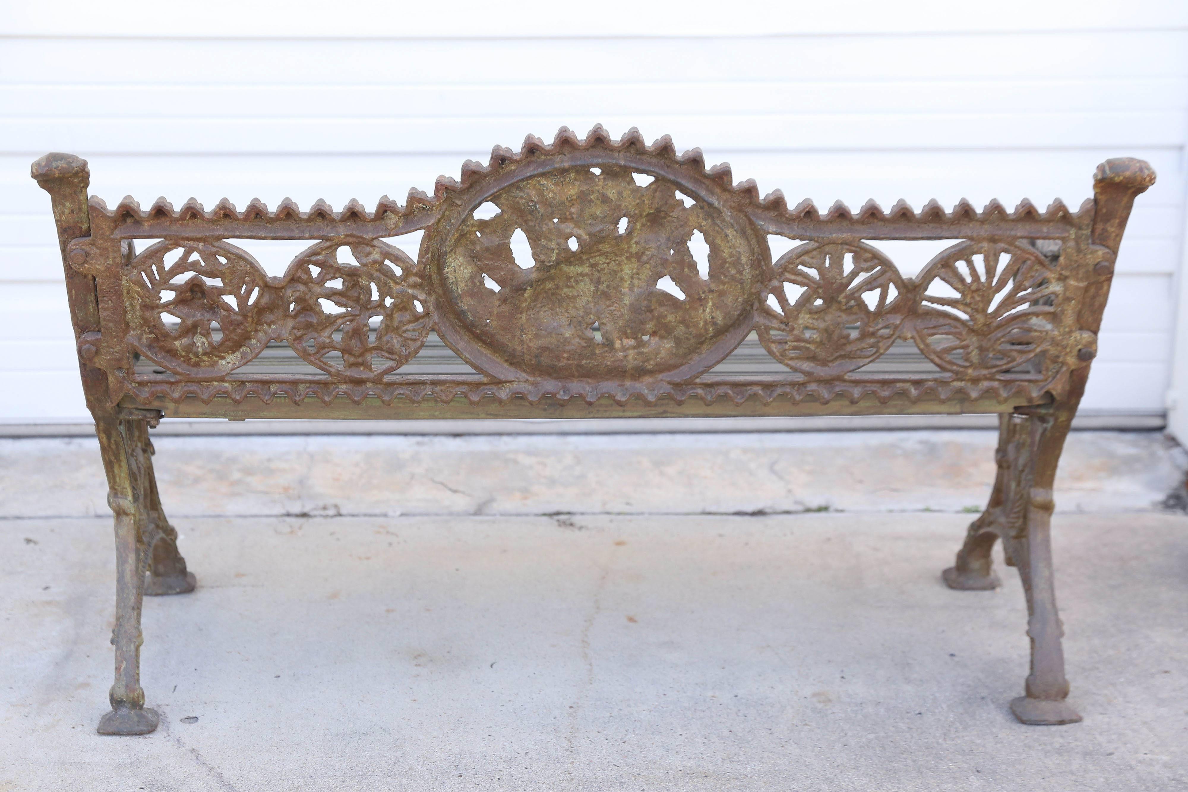 Mid-Century Cast Iron and Teakwood Ornamental Bench from Rail Road Stations  1