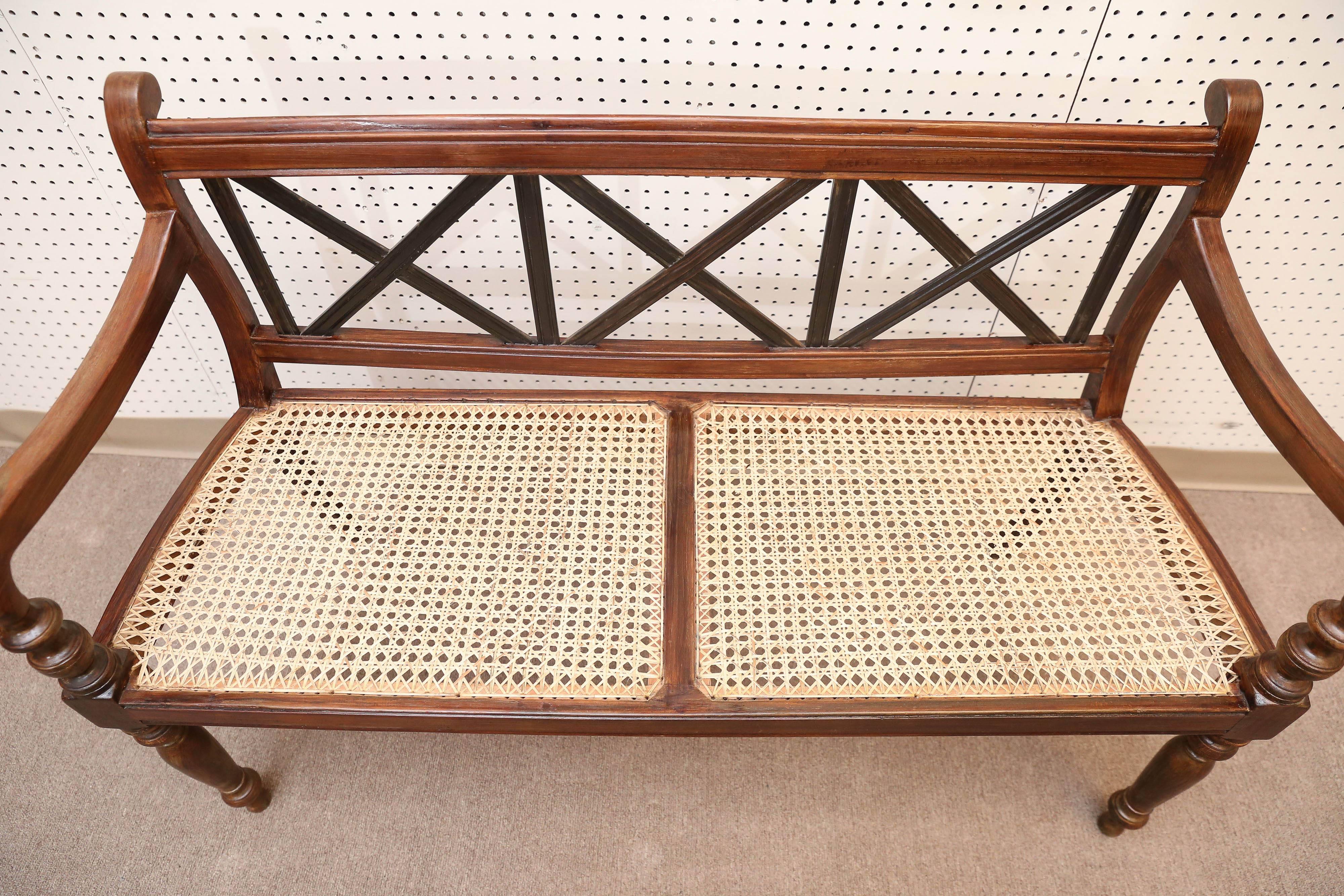 Hand-Crafted 1920's Finely Crafted Dutch Colonial Teak Wood and Cane Bench from Sri Lanka