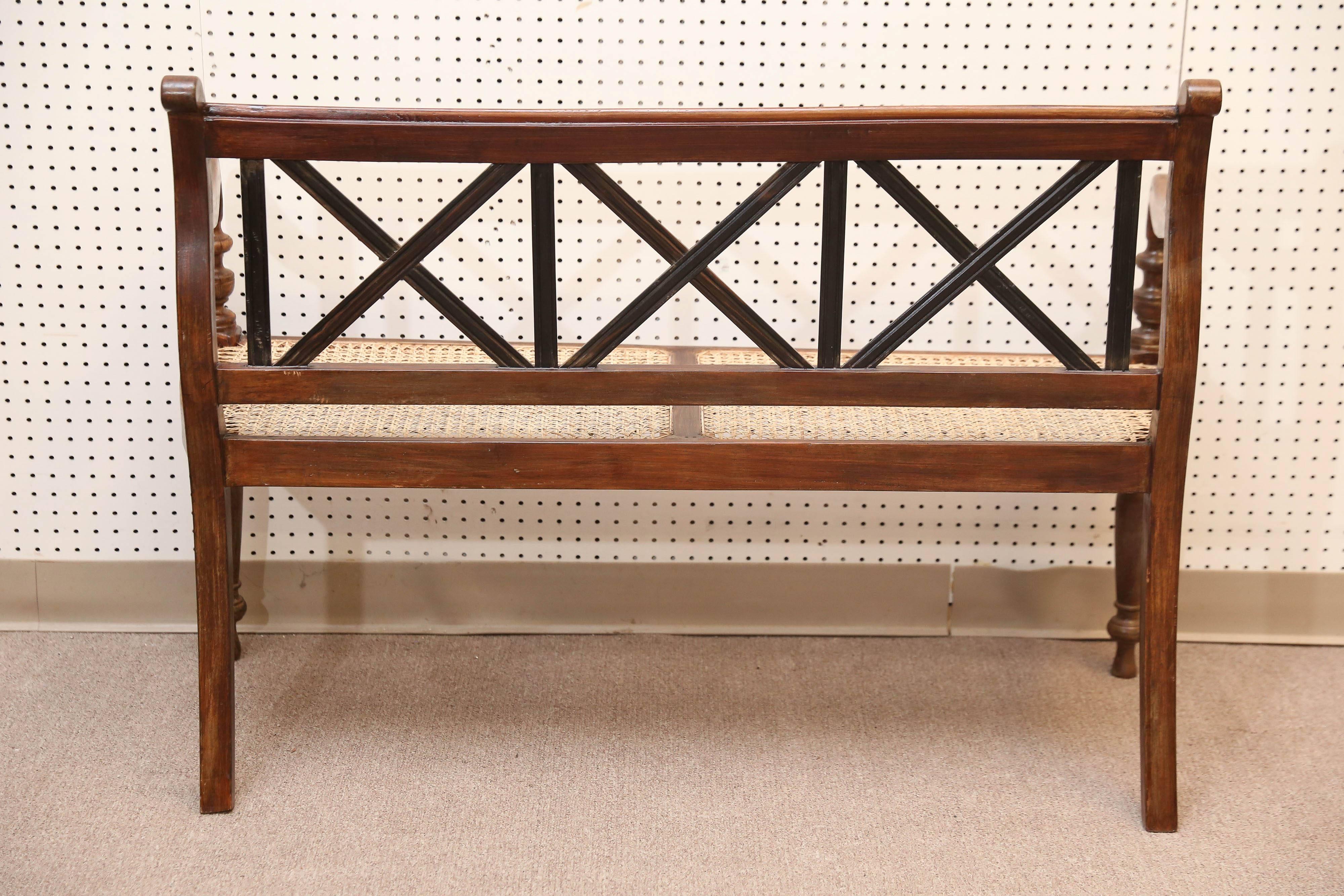 1920's Finely Crafted Dutch Colonial Teak Wood and Cane Bench from Sri Lanka 1