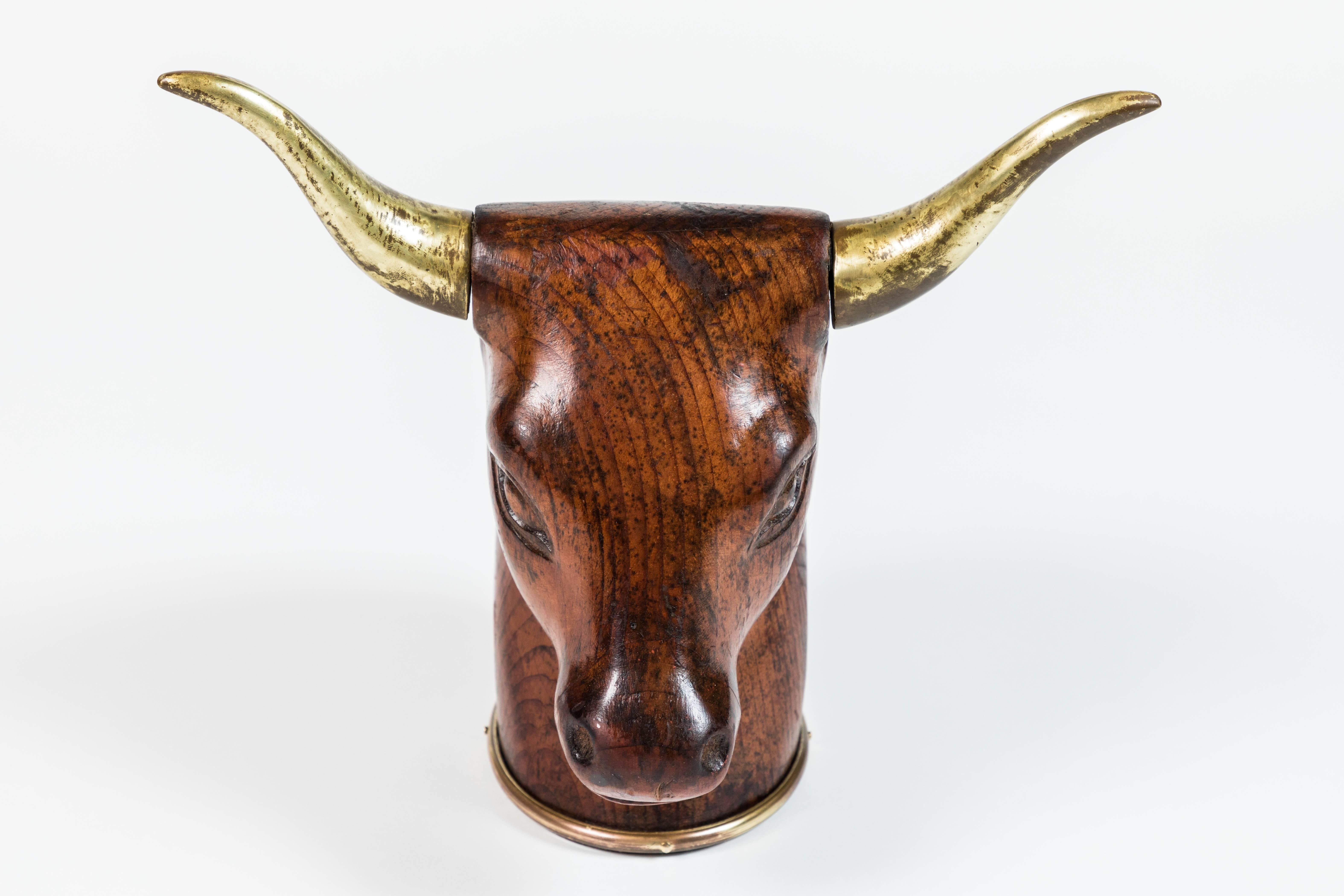 Vintage wood steer head with brass horns and collar.