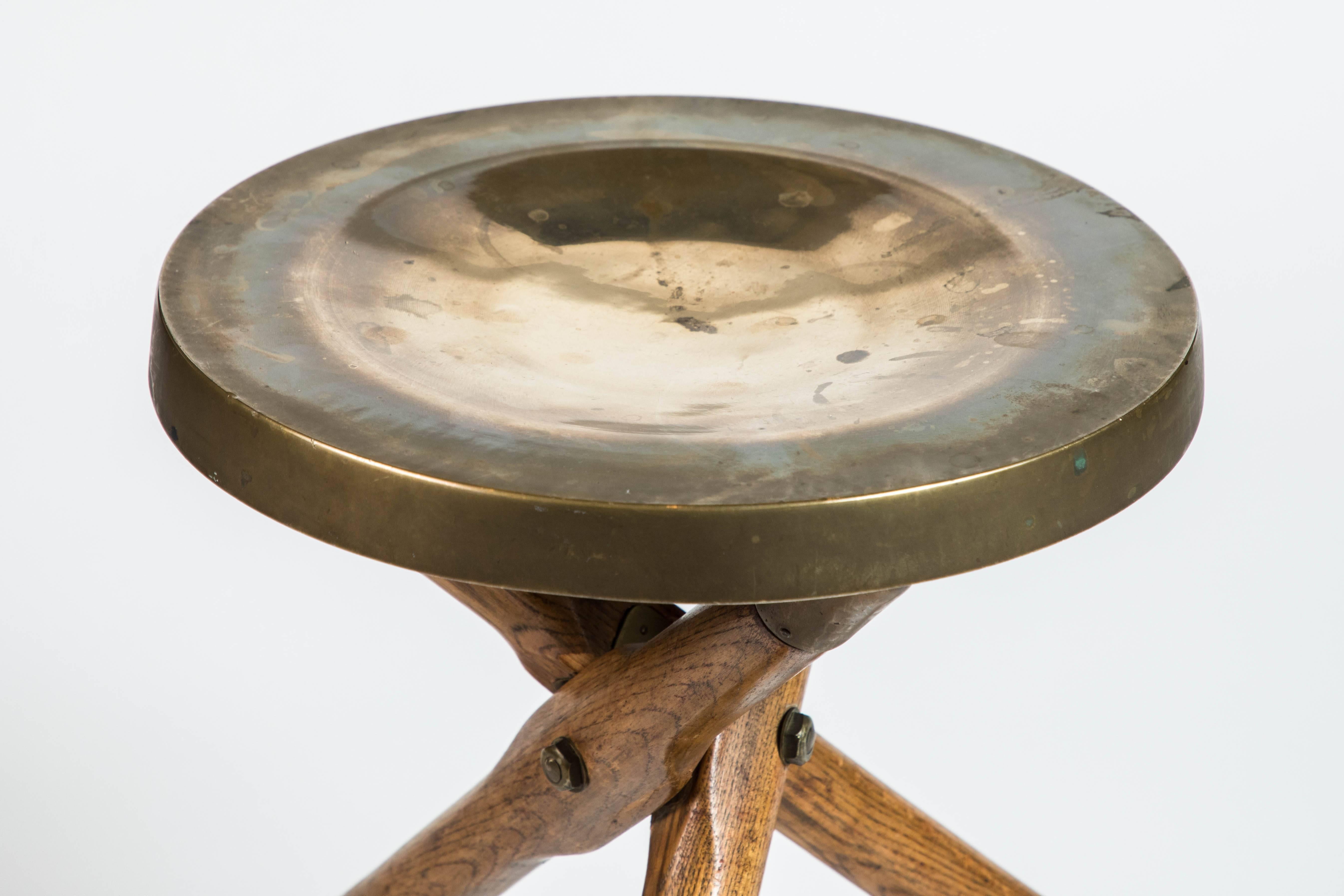 Vintage Wood and Brass Tripod Stool In Excellent Condition In Pasadena, CA