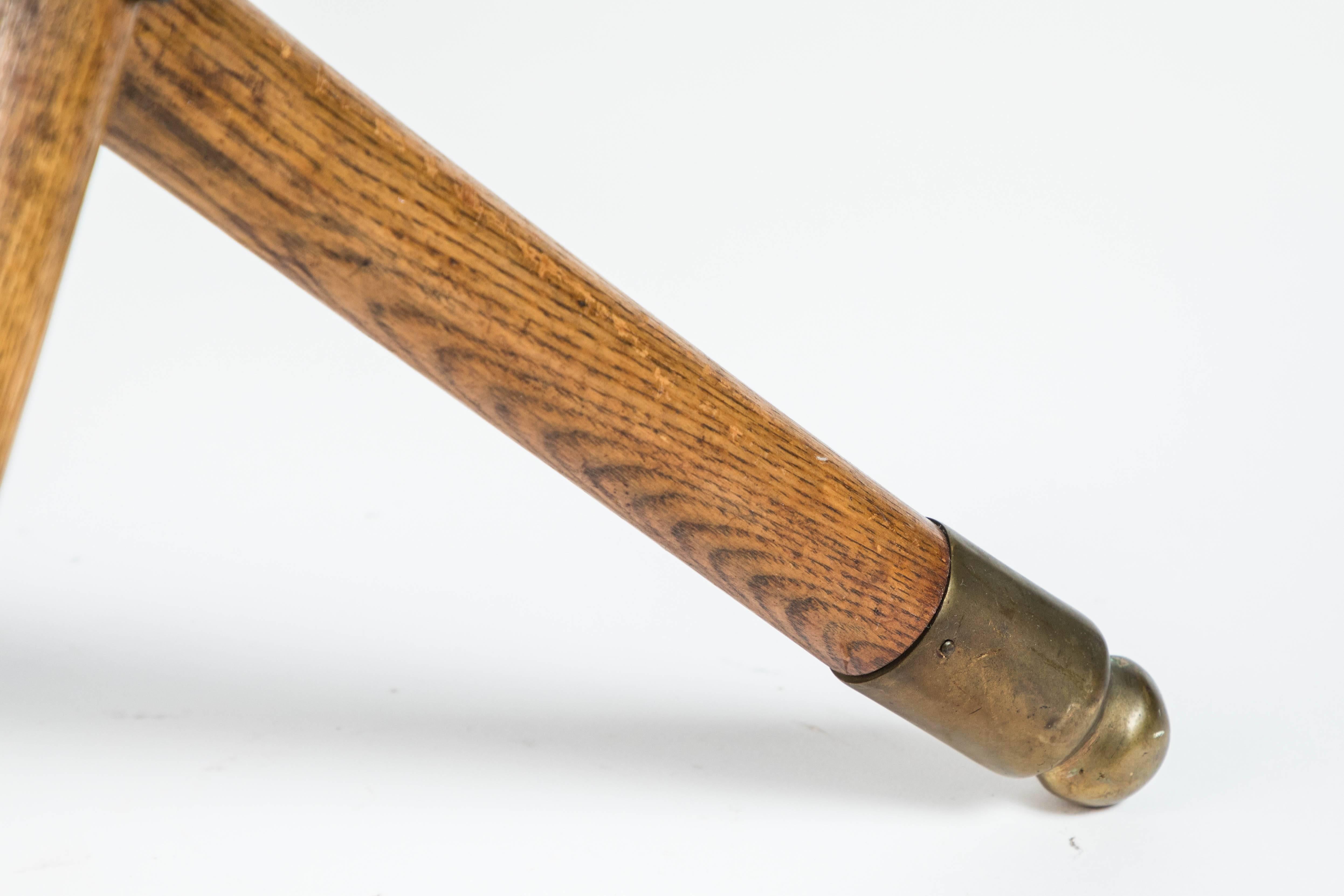 20th Century Vintage Wood and Brass Tripod Stool