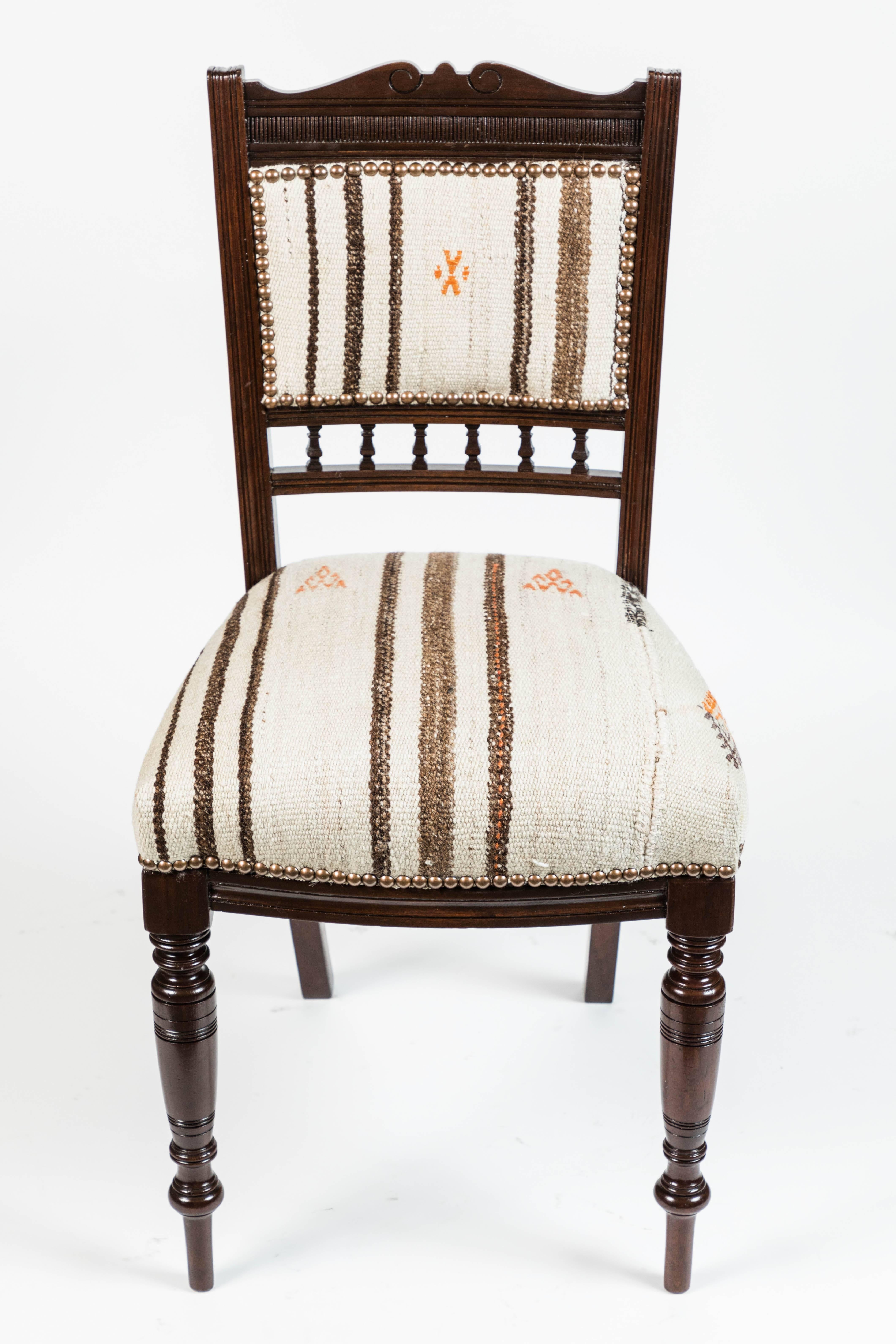Hand-Carved Set of Six Vintage Dining Chairs in Turkish Rug