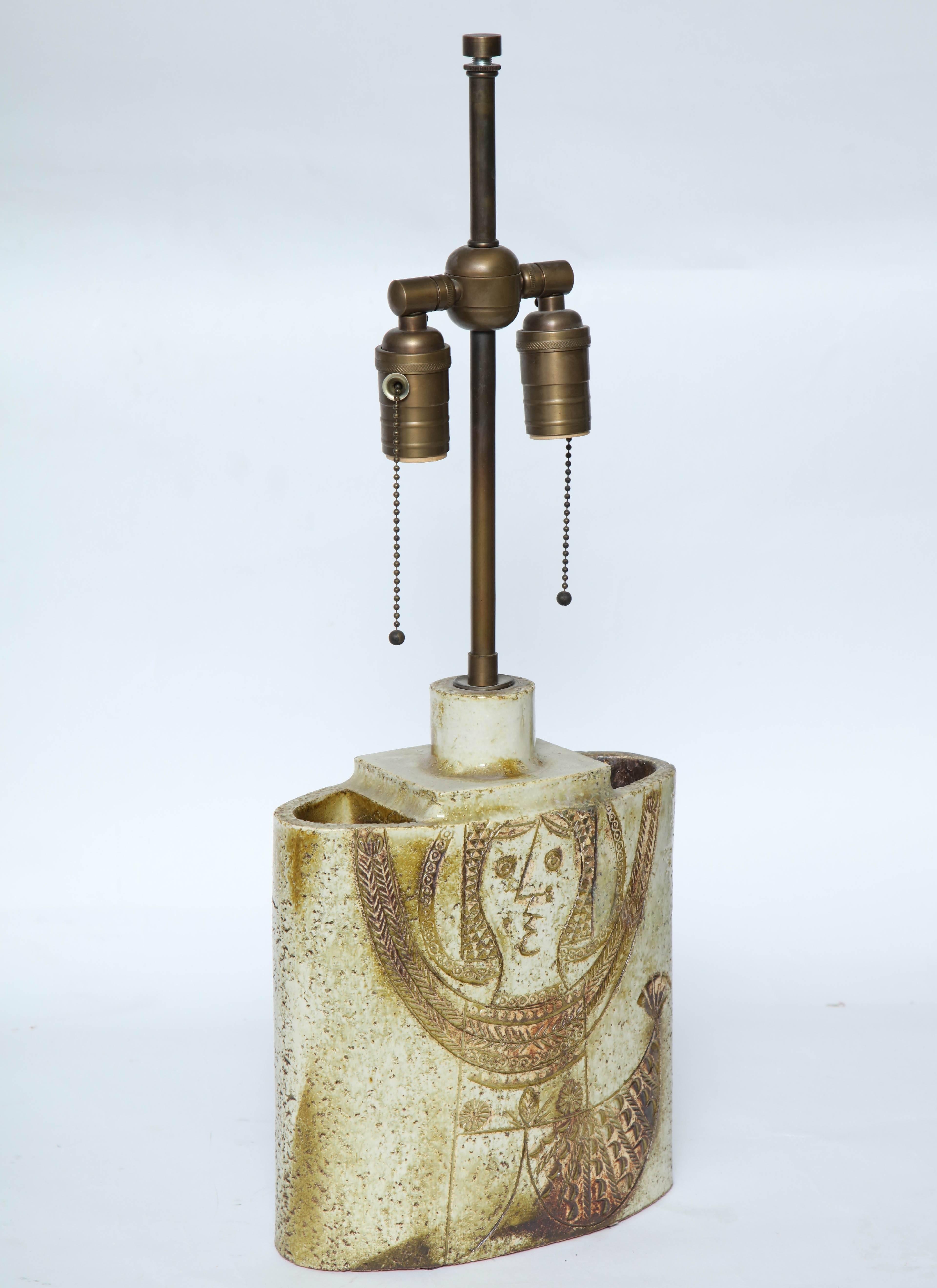 Etched Mid-Century Modern Ceramic Table Lamp signed Capron Valauris Paris France