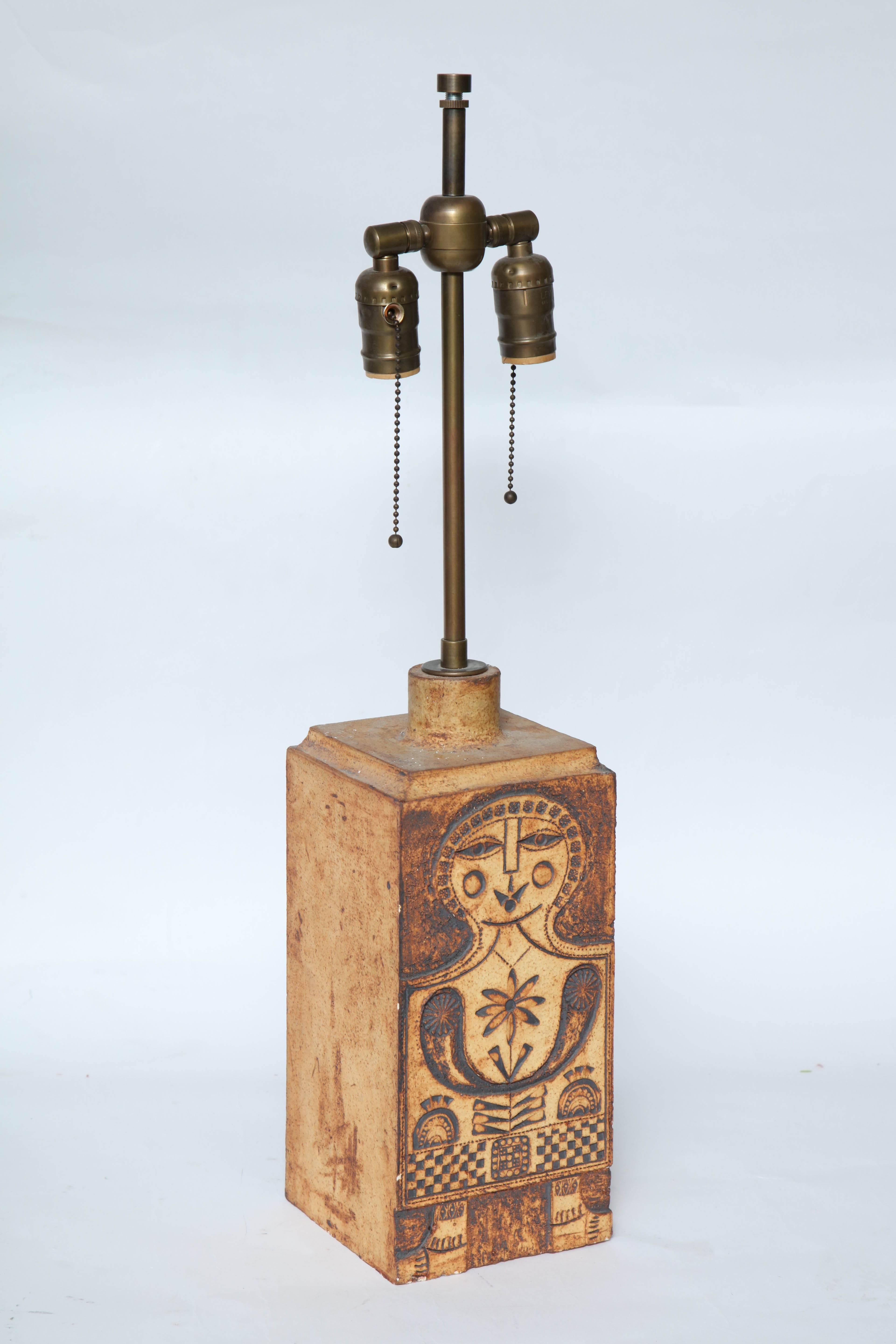 Etched Mid-Century Modern Ceramic Table Lamp Signed Capron Valauris, Paris France