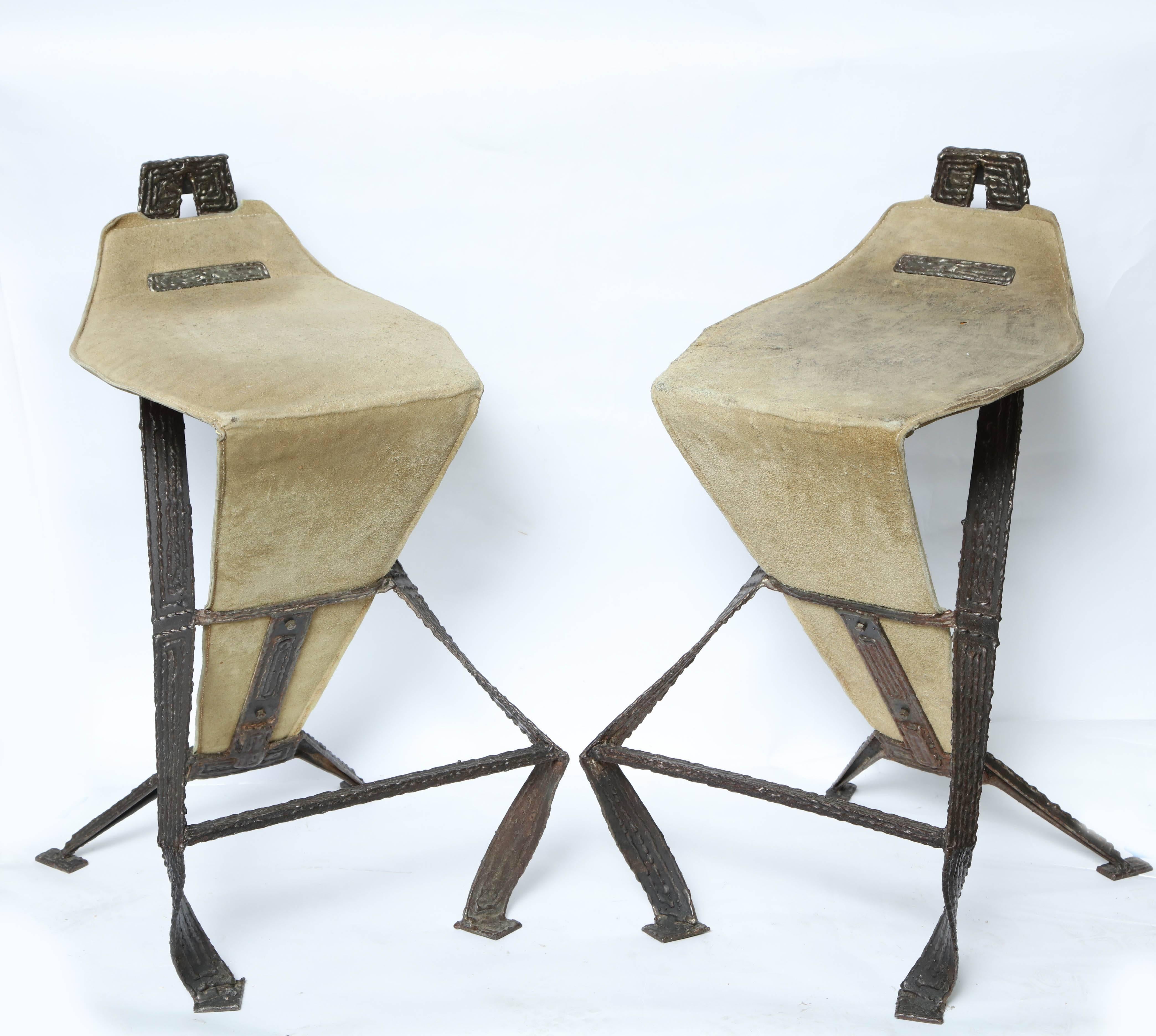 Mid-Century Modern Brutalist Stools patinated iron and hide