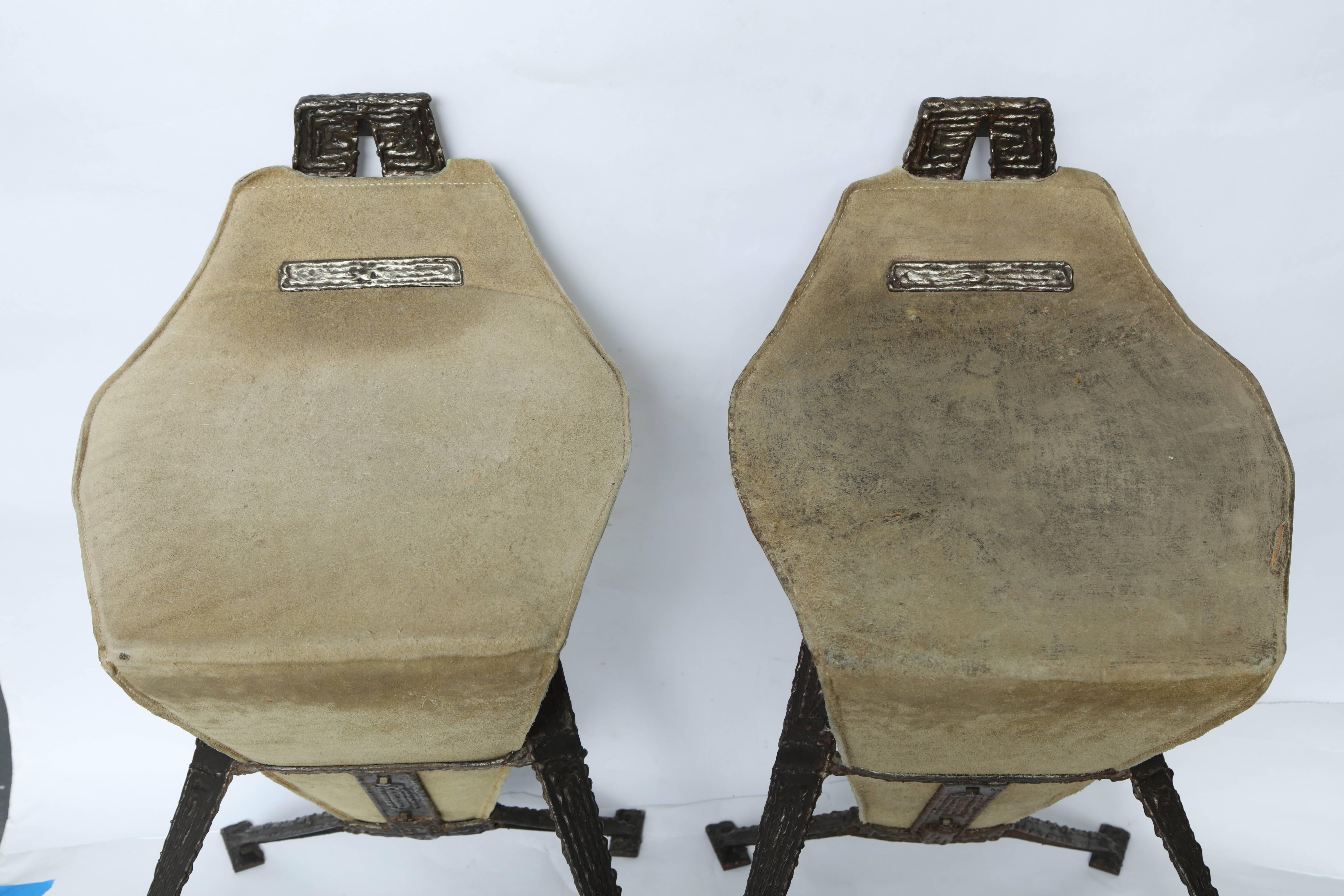 Late 20th Century Mid-Century Modern Brutalist Stools Patinated Iron and Hide