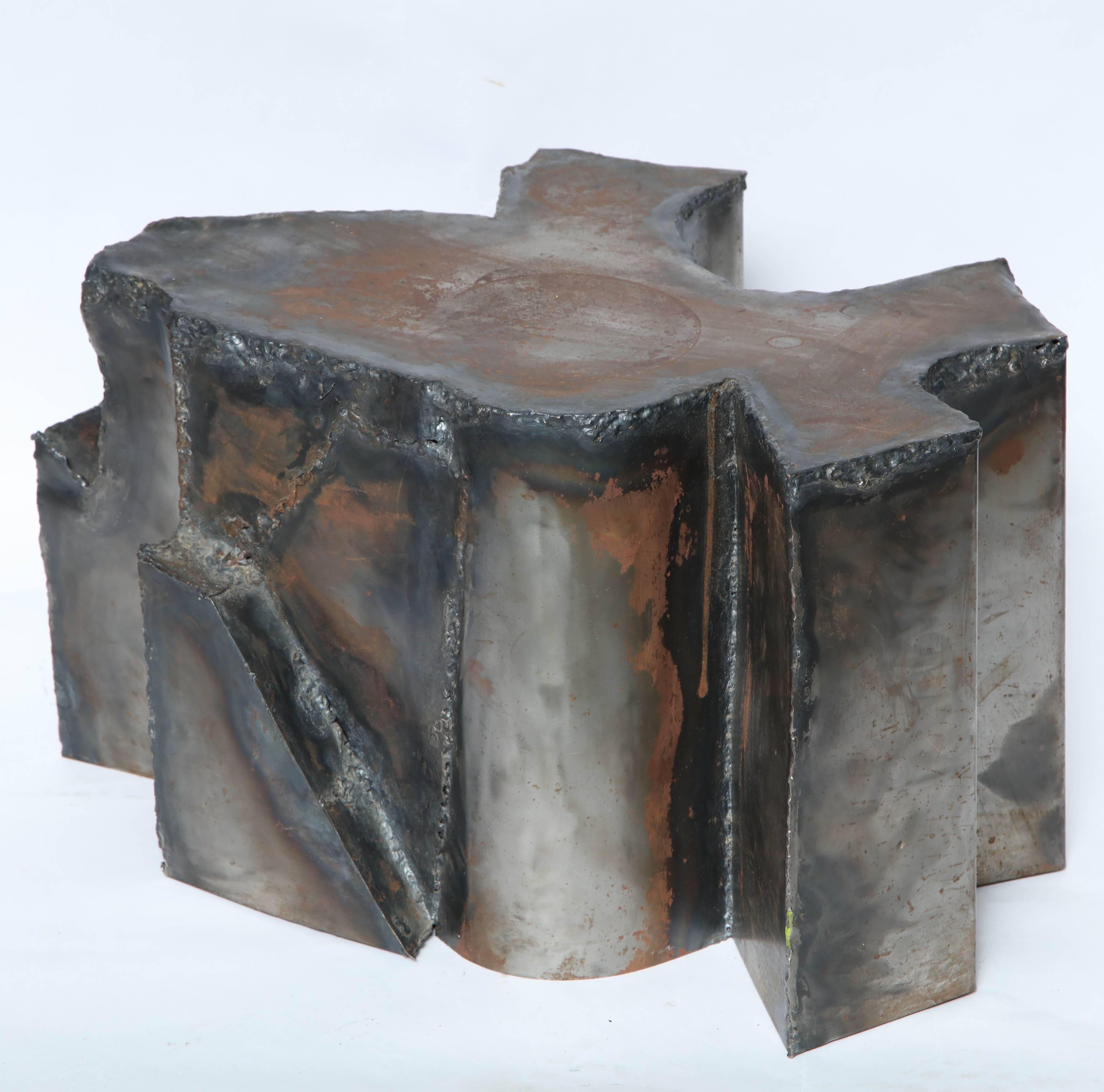 Hand-Crafted Brutalist Sculptural Mid-Century Modern End Table Patinated Metal, 1970s