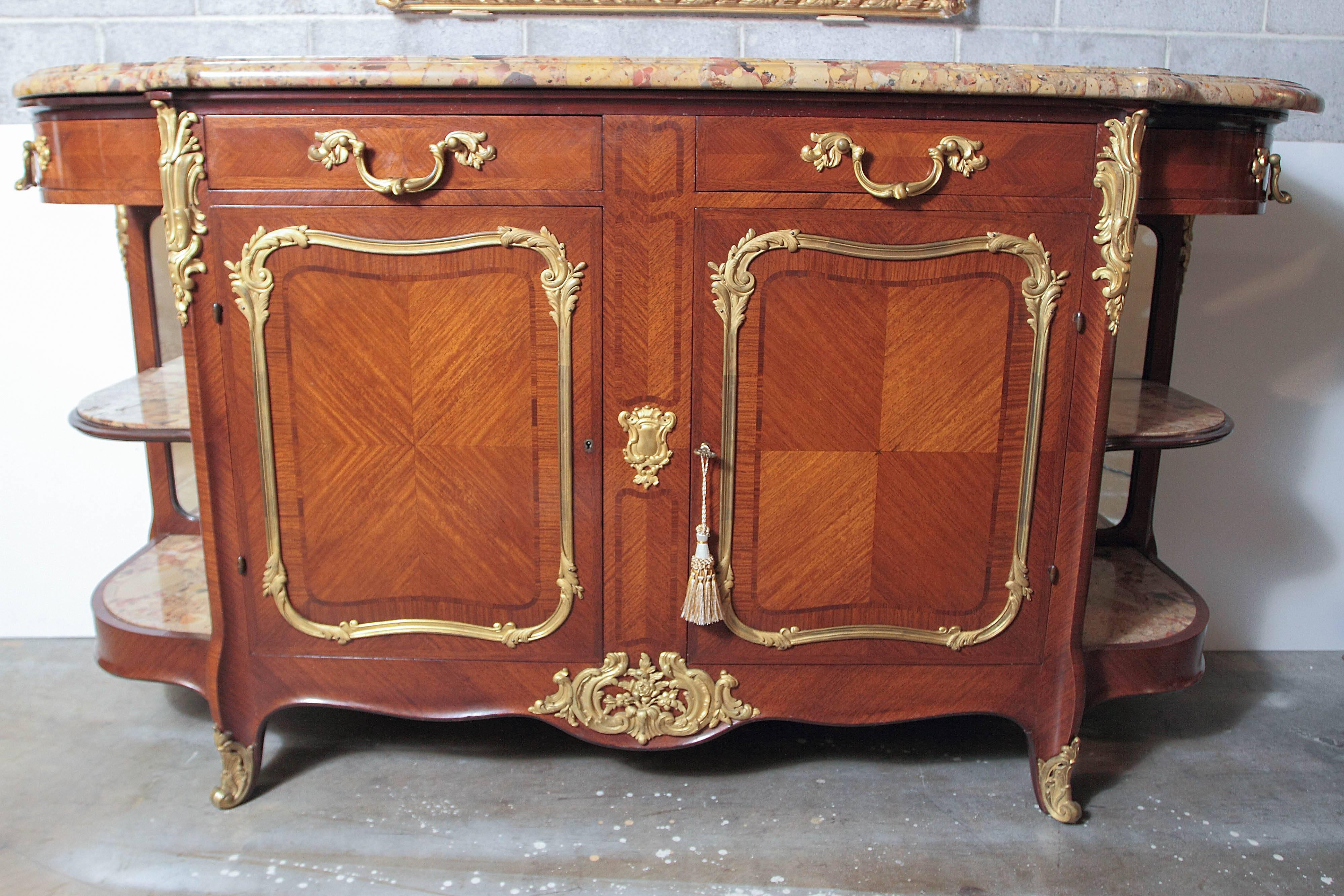 19th century fine Louis XV mahogany and gilt bronze buffet. Fine gilt bronze mounts. Breche De Alep marble top.