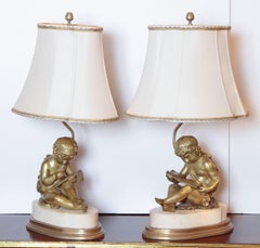 Pair of French 19th Century Gilt Bronze Children Reading on White Marble Bases