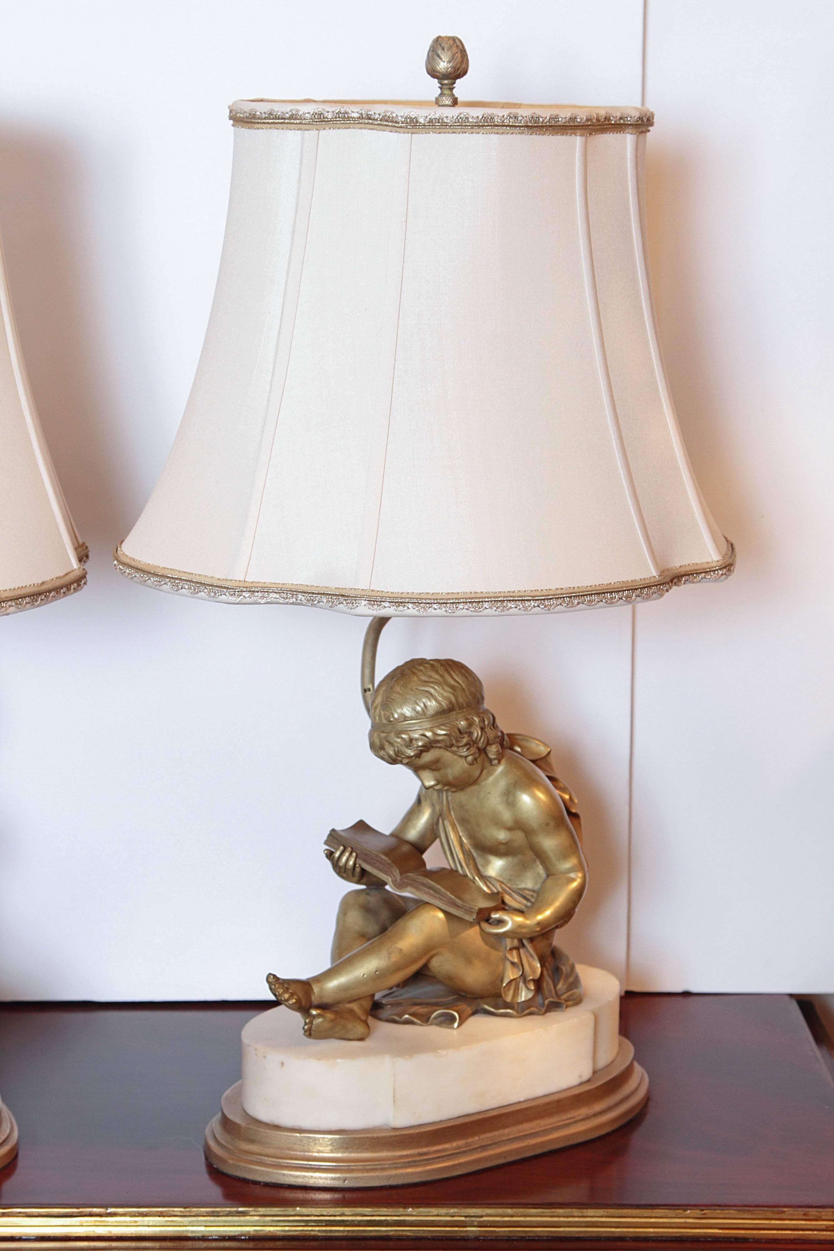 Louis Philippe Pair of French 19th Century Gilt Bronze Children Reading on White Marble Bases