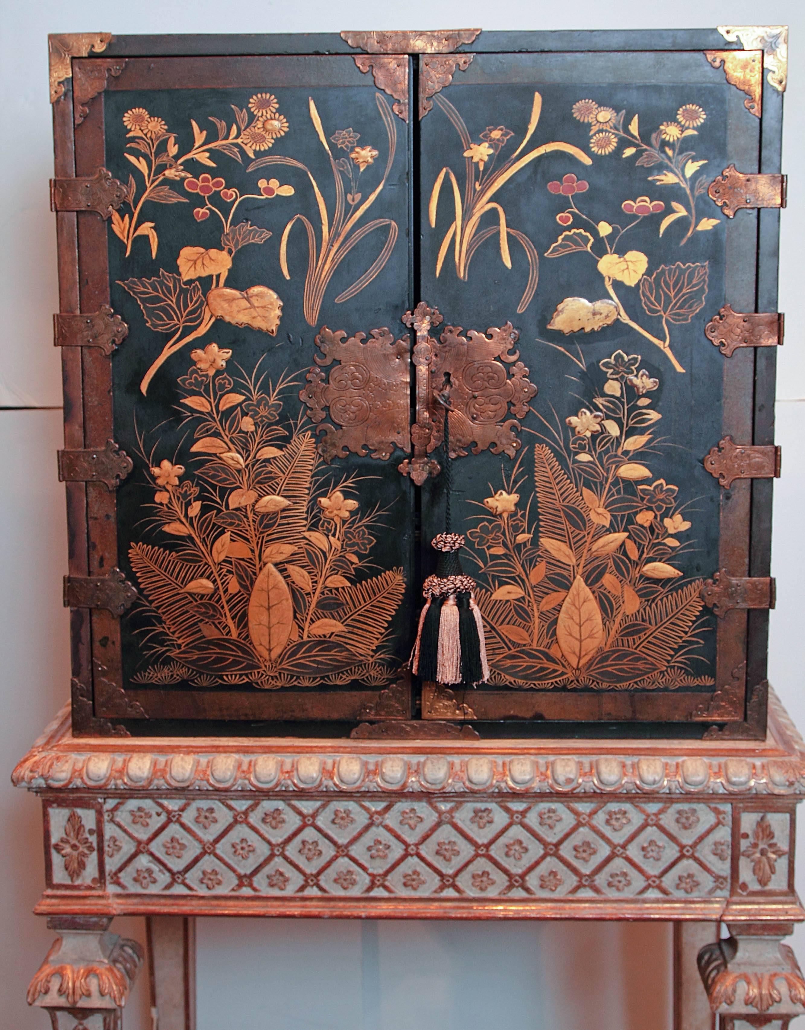 Anglo-Japanese 19th Century English Japanned Black Lacquered Cabinets on Stands