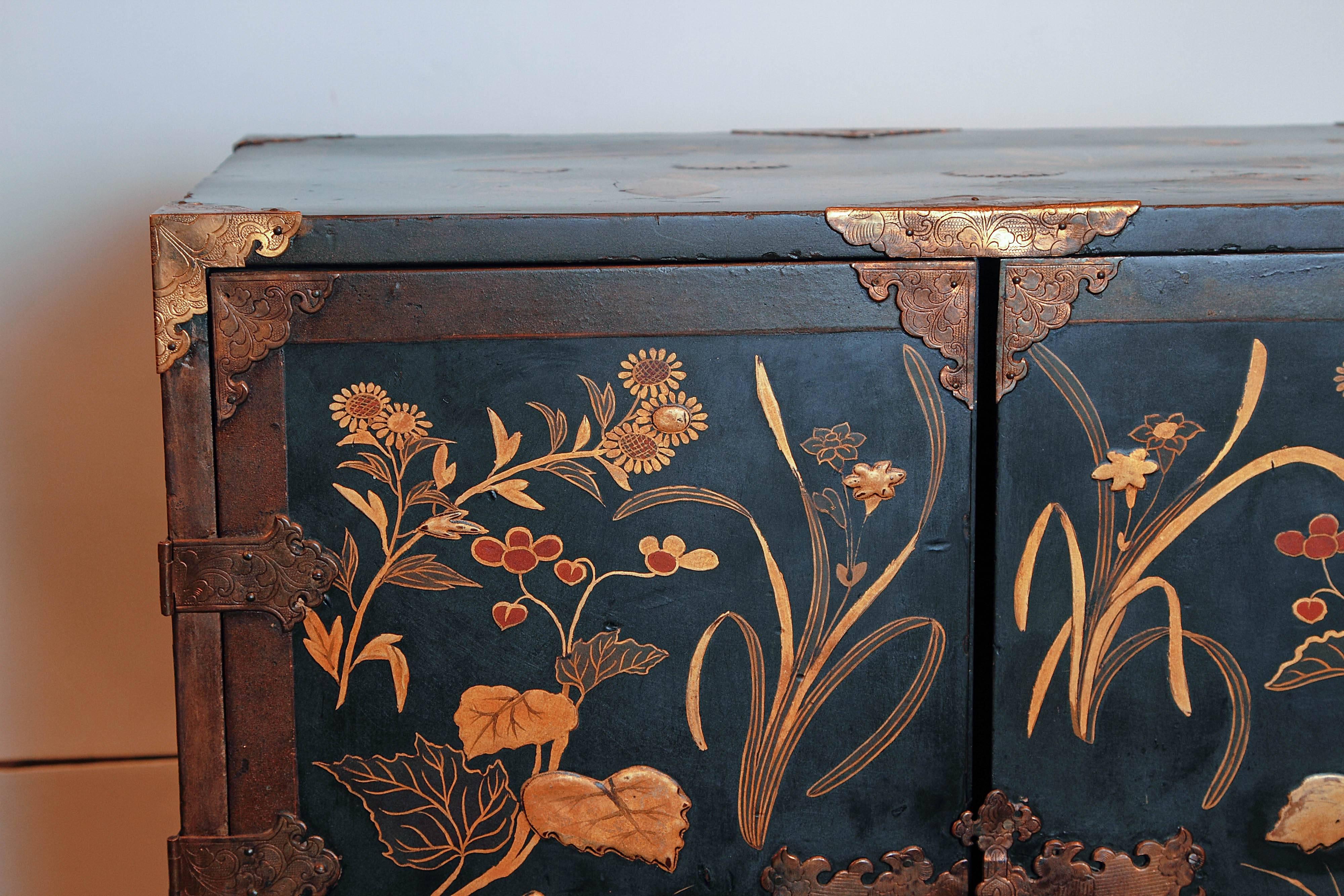 Wood 19th Century English Japanned Black Lacquered Cabinets on Stands