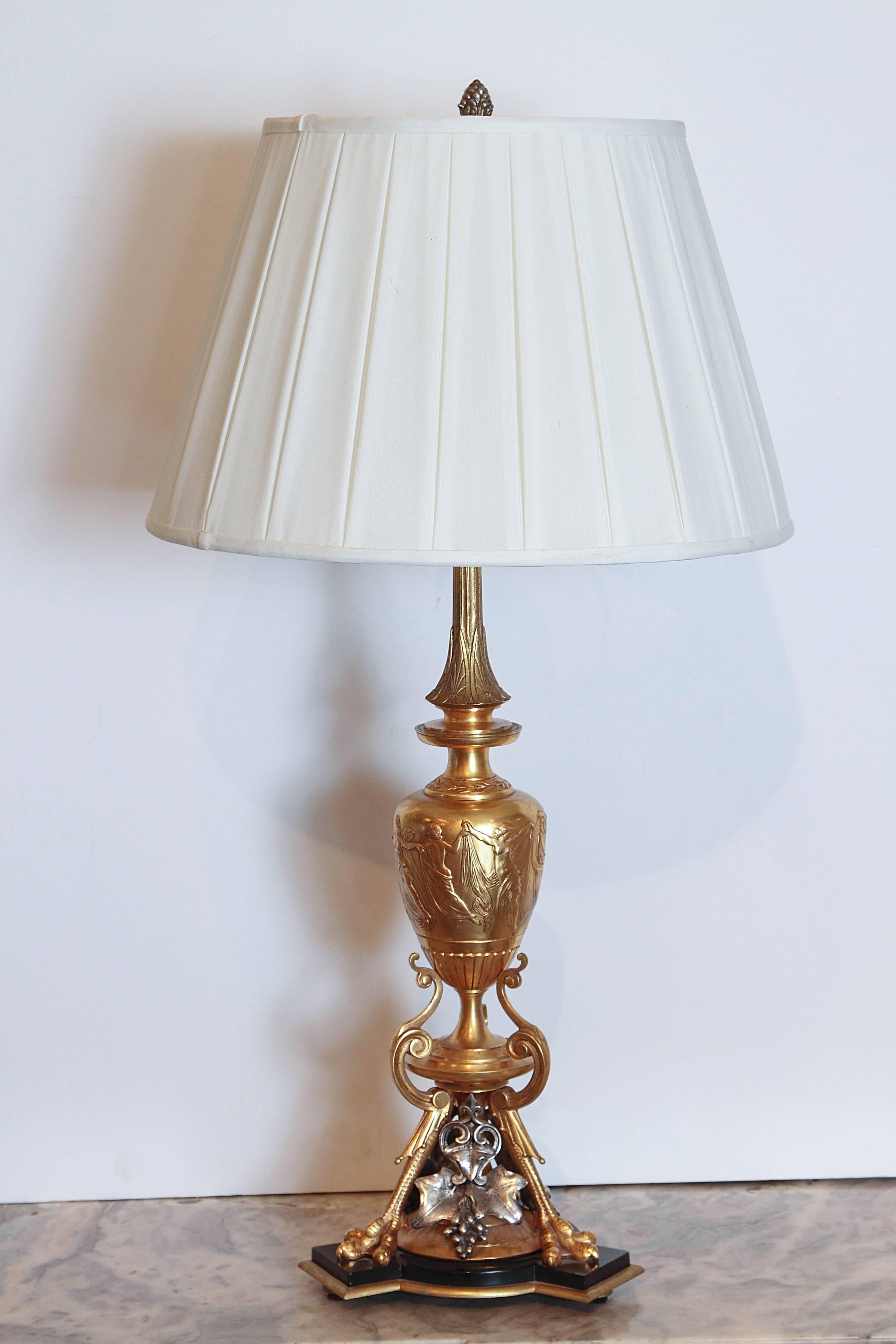 Empire Revival Pair of 19th Century Classical Urn Shaped Lamps with Silver and Bronze Doré For Sale