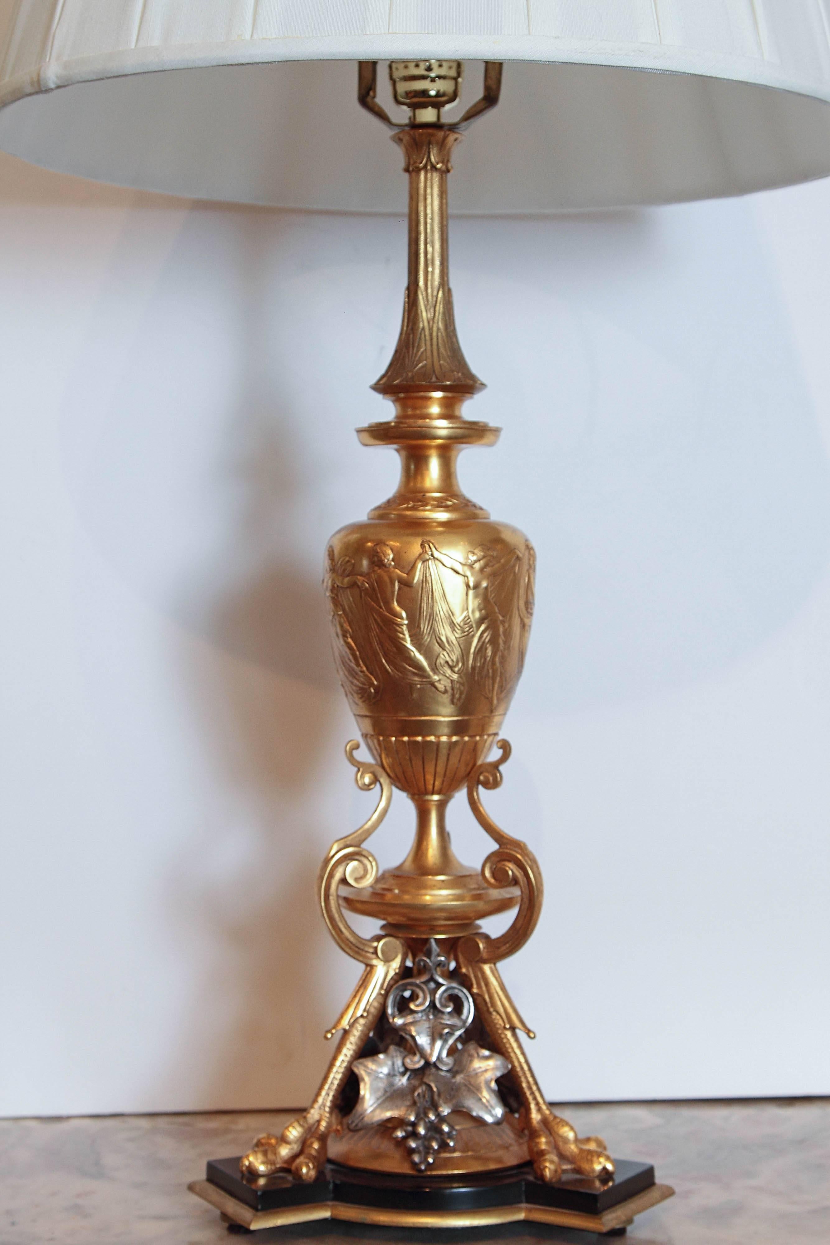 French Pair of 19th Century Classical Urn Shaped Lamps with Silver and Bronze Doré For Sale