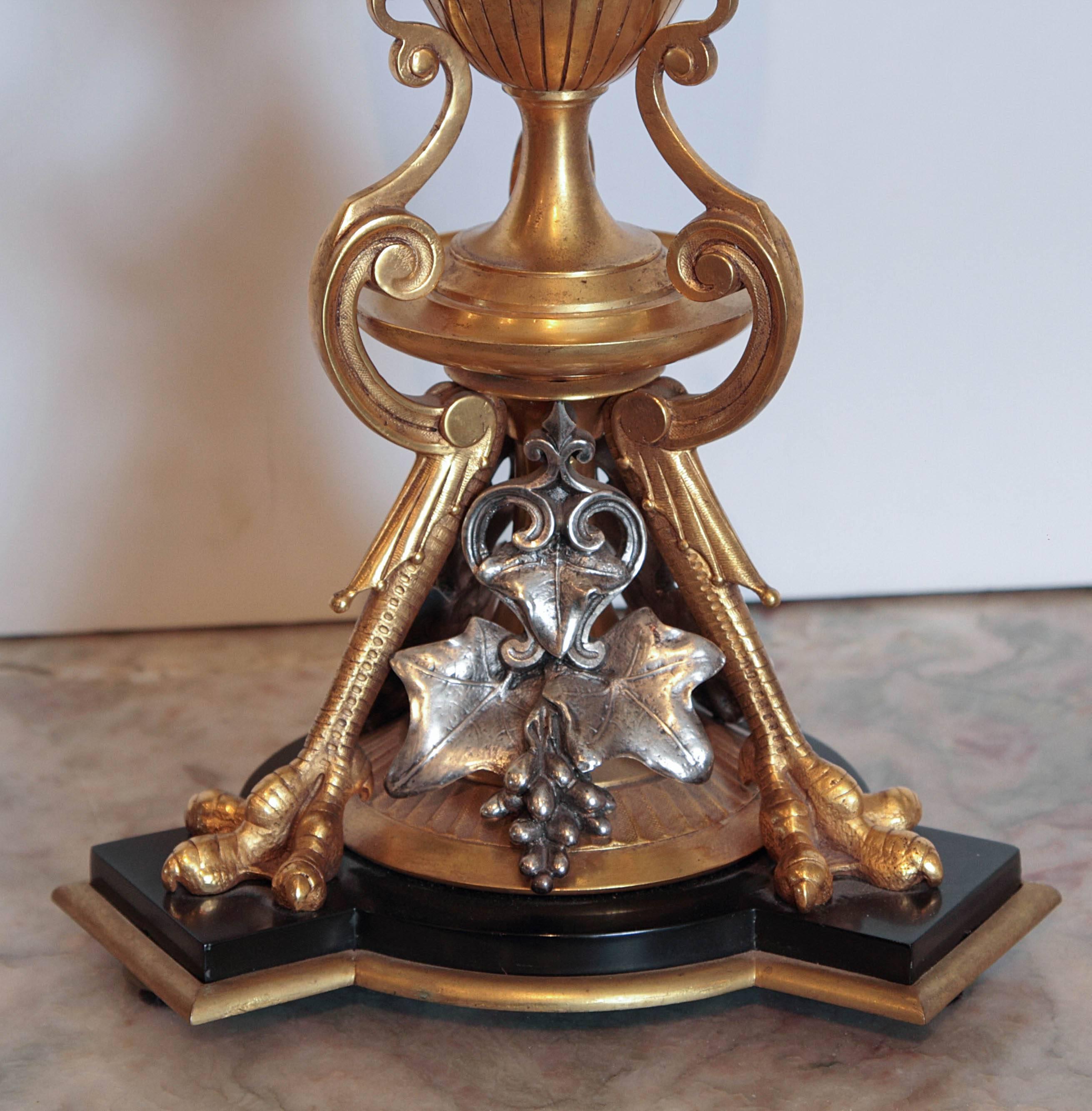 Pair of 19th Century Classical Urn Shaped Lamps with Silver and Bronze Doré In Excellent Condition For Sale In Dallas, TX
