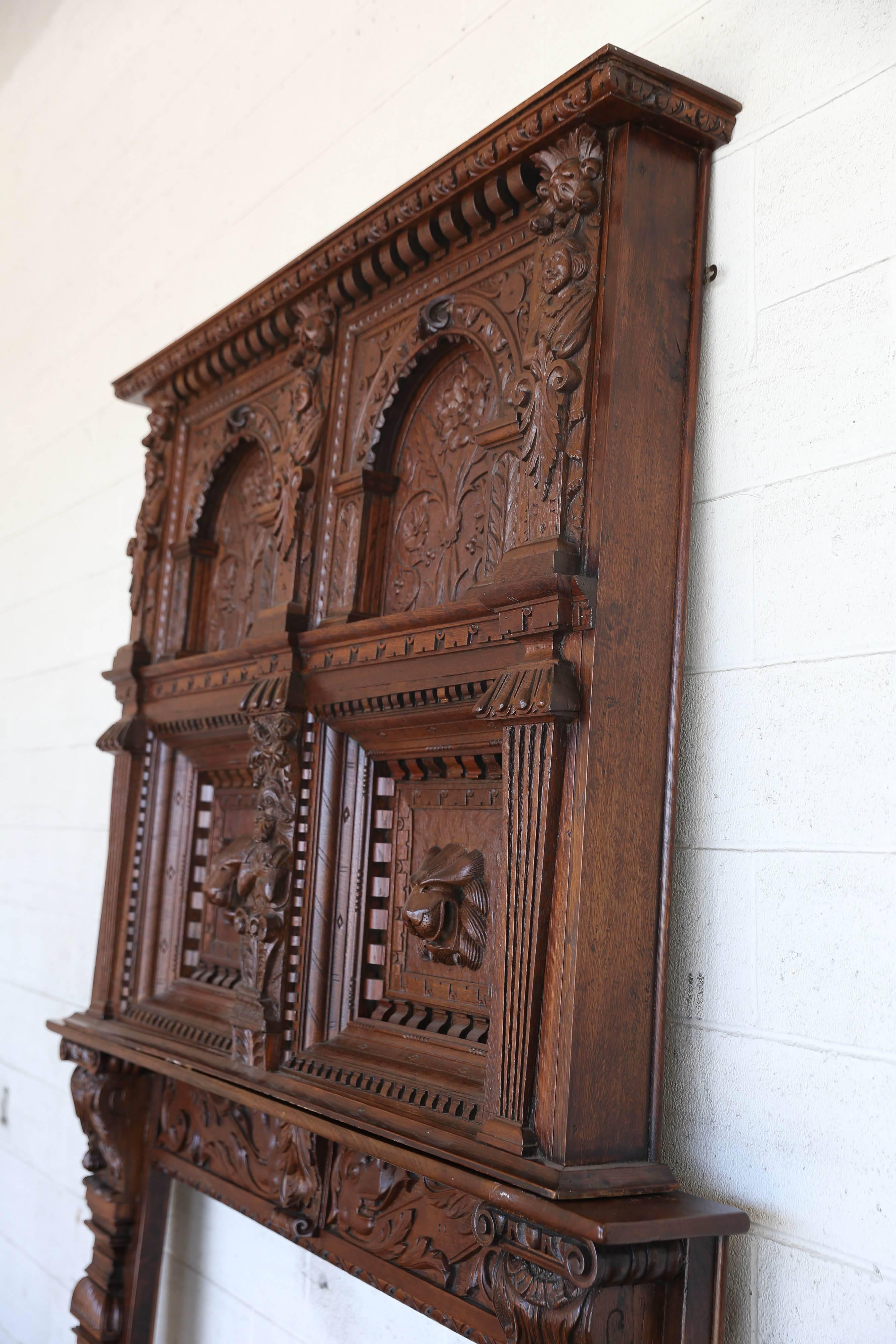 Oak 17th Century Baroque Carved Fireplace Surround and Over-Mantel For Sale