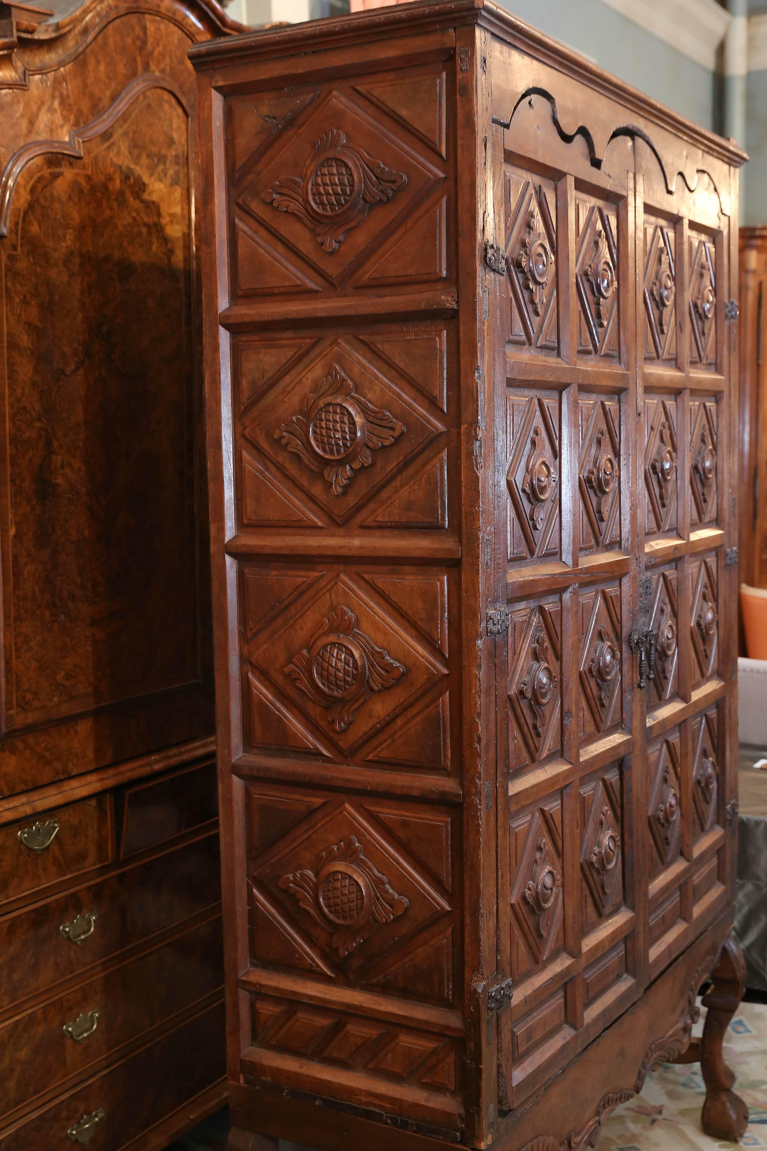 British Colonial 17th Century Carved Baroque Colonial English Oak Armoire For Sale