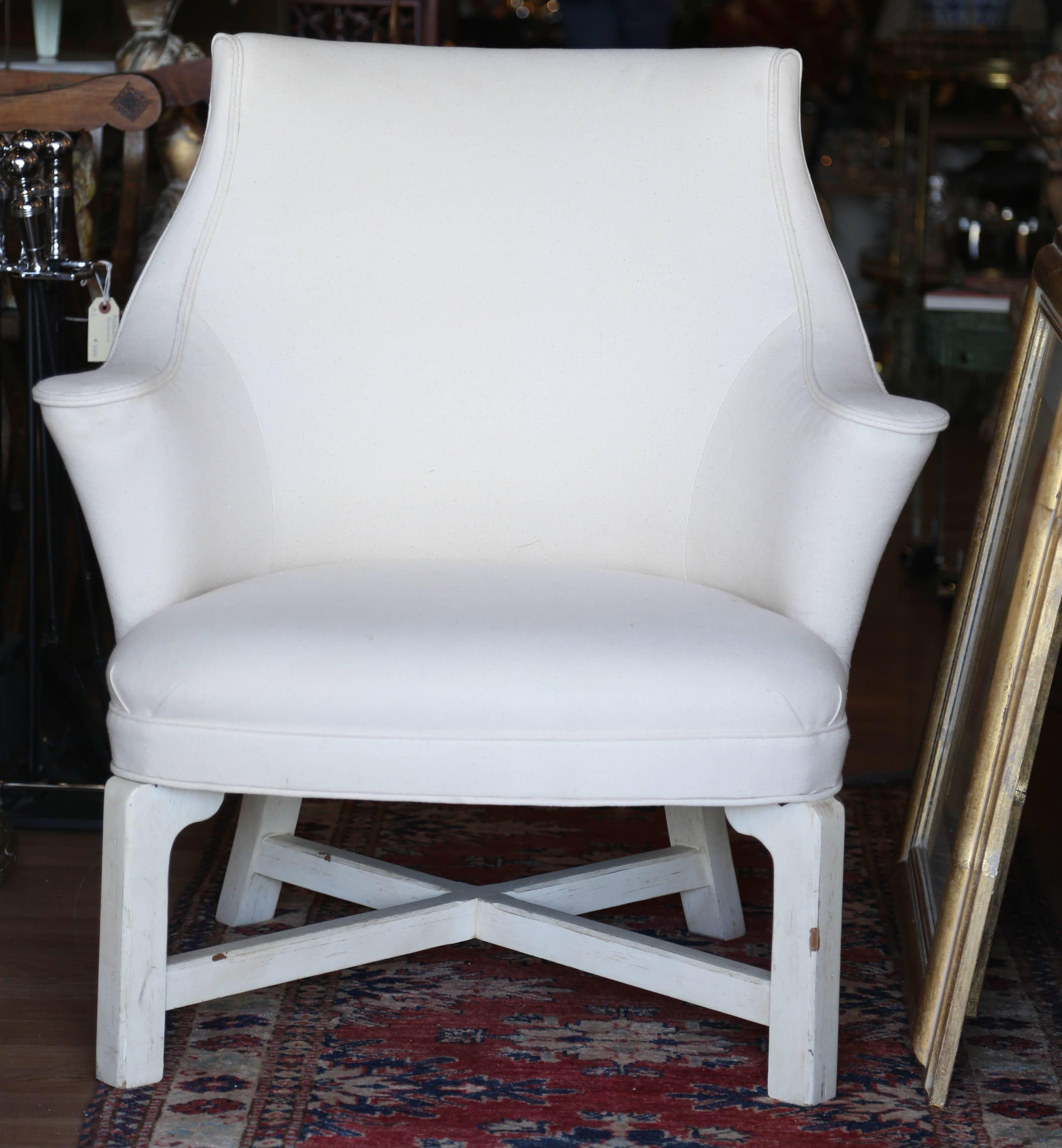 Charming pair of vintage slipper chairs by Century. Newly upholstered in off-white cotton fabric.
