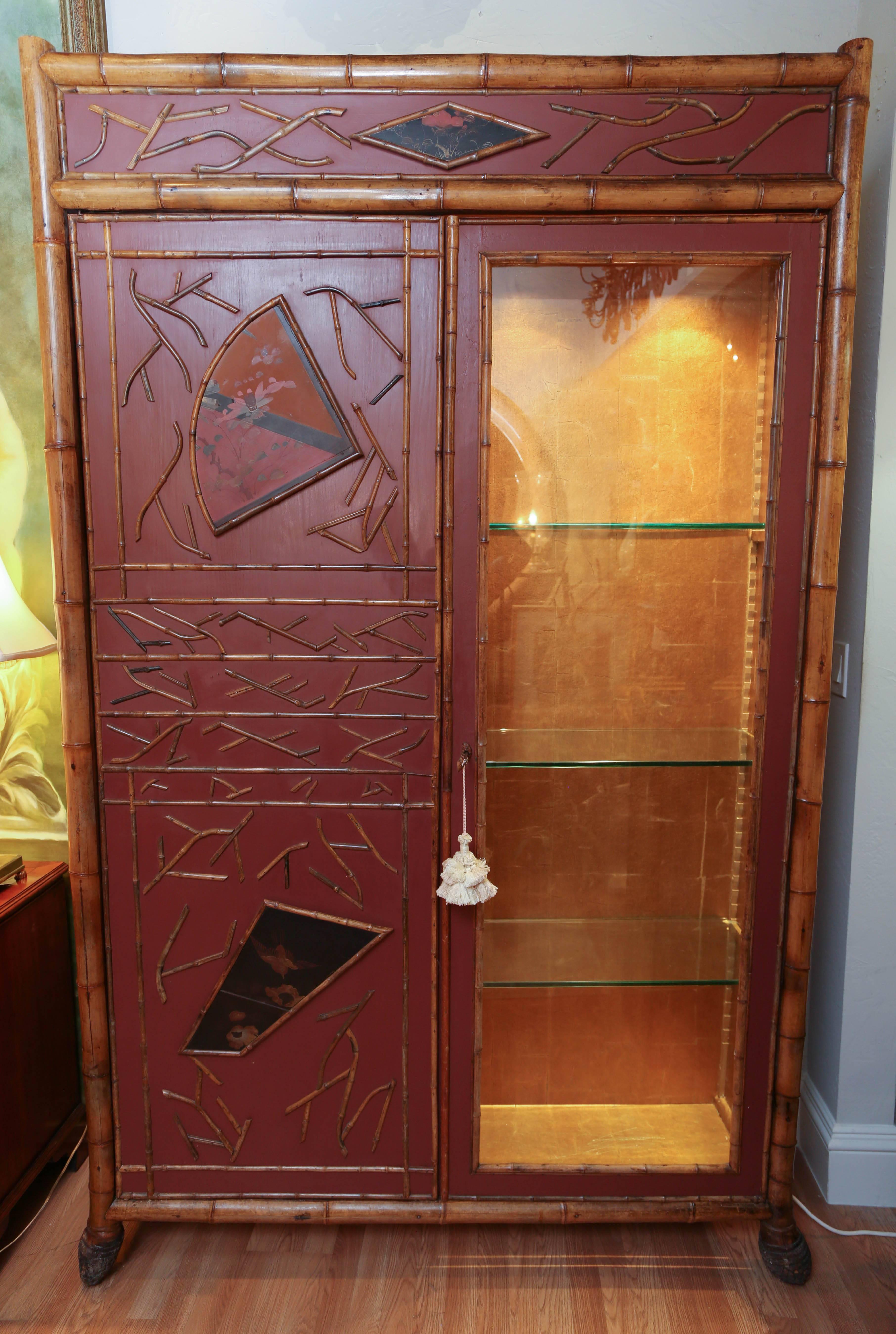 Antique Regency Style Red Lacquer and Bamboo Cabinet In Good Condition In West Palm Beach, FL