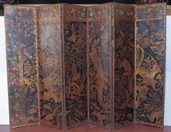 Chinoiserie Embossed and Painted Leather Floor Screen