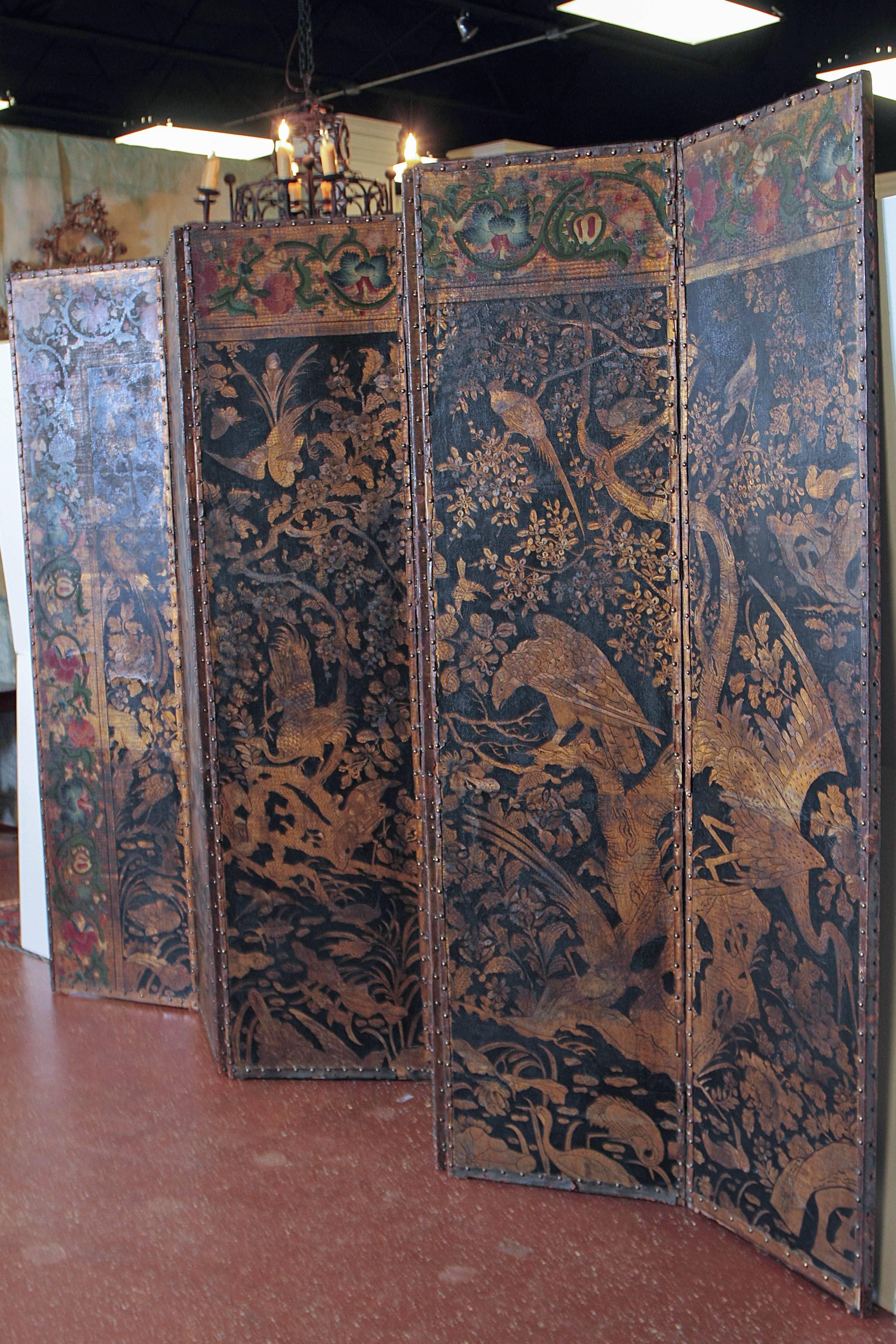 English Chinoiserie Embossed and Painted Leather Floor Screen For Sale