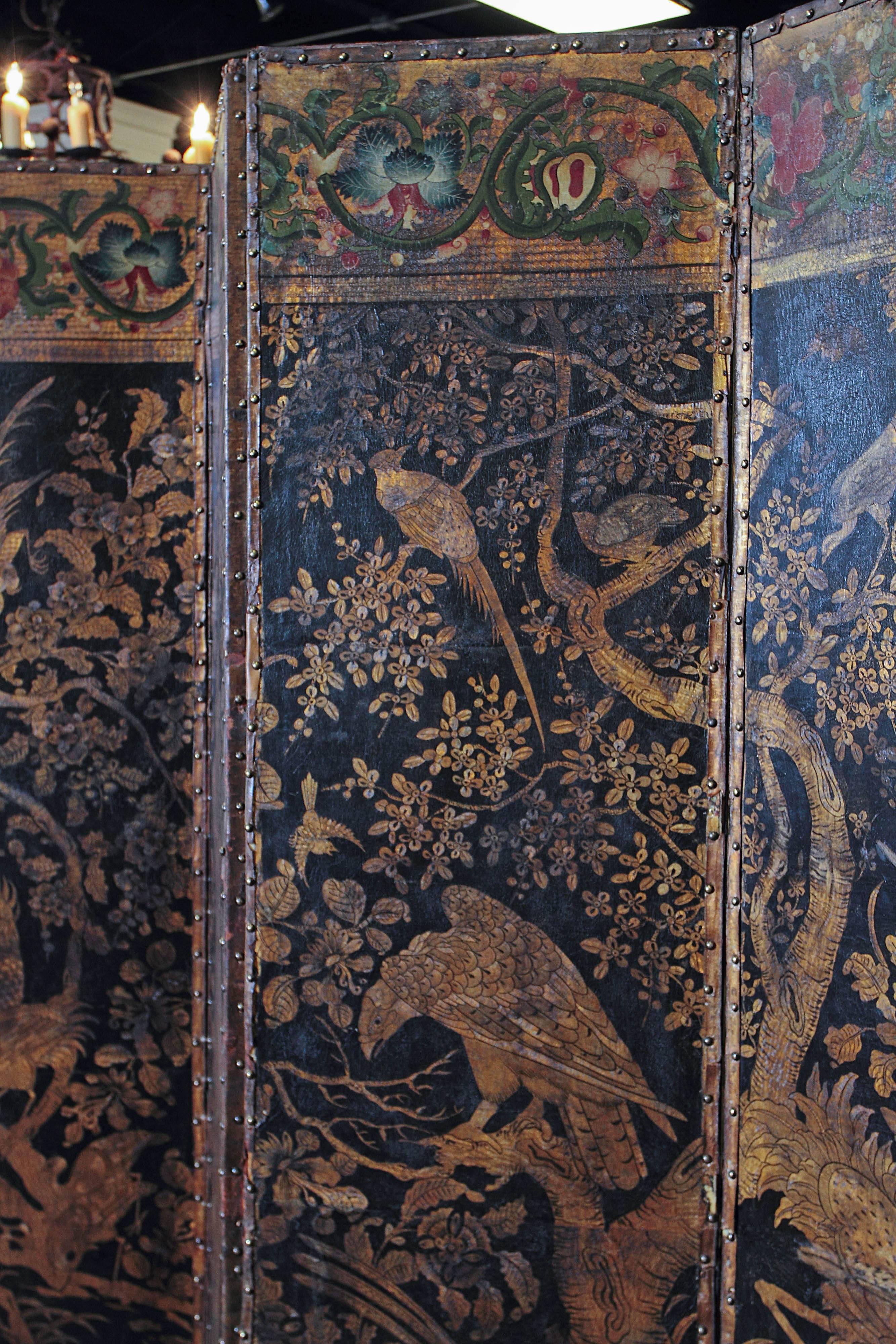 Chinoiserie Embossed and Painted Leather Floor Screen In Good Condition For Sale In Dallas, TX