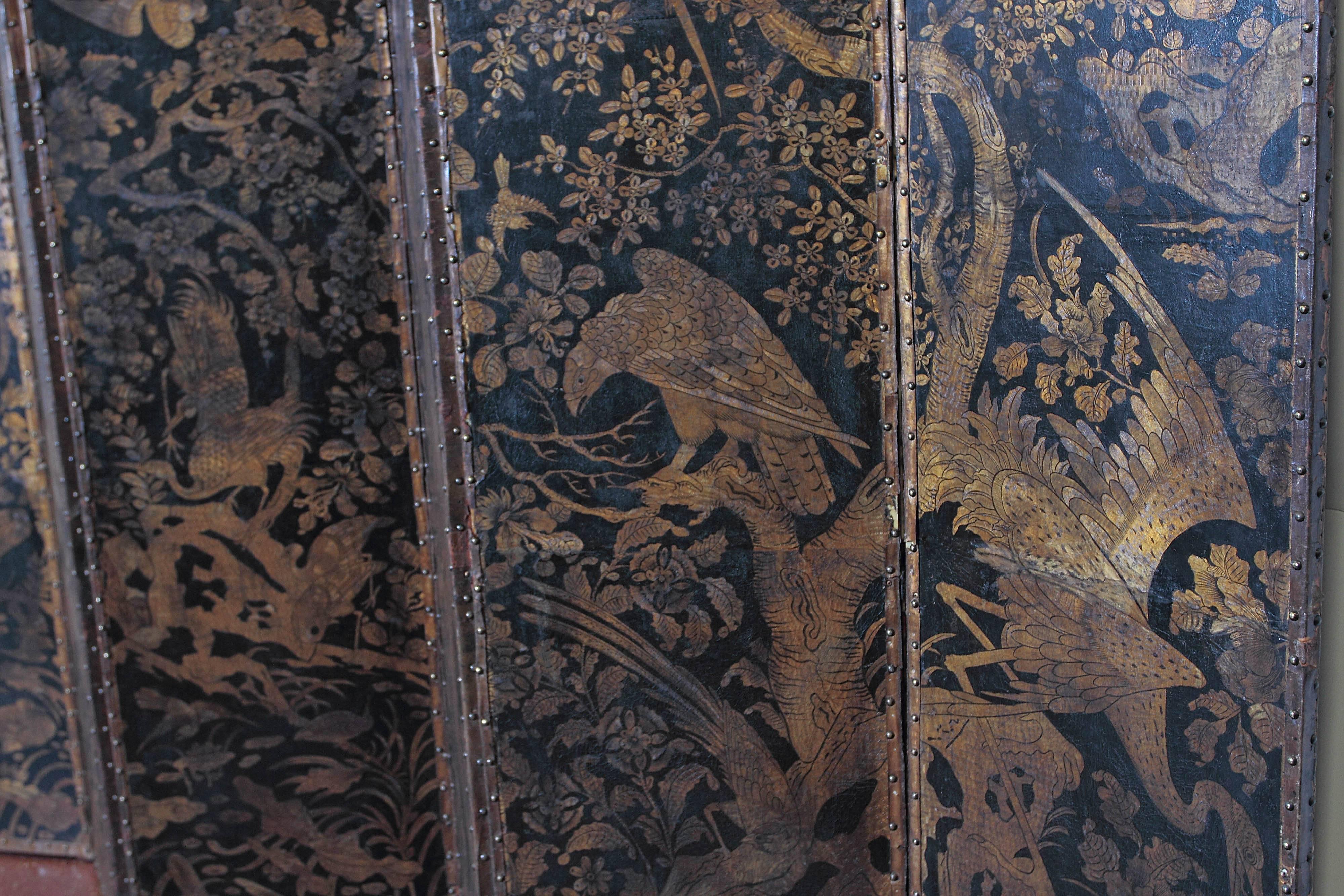 19th Century Chinoiserie Embossed and Painted Leather Floor Screen For Sale