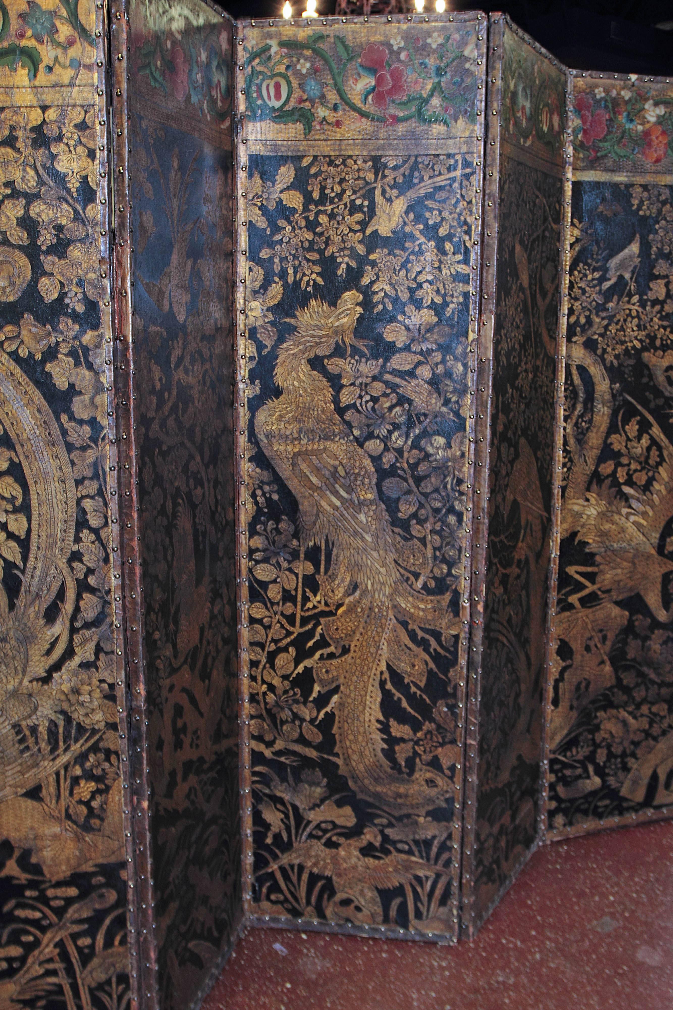 Wood Chinoiserie Embossed and Painted Leather Floor Screen For Sale