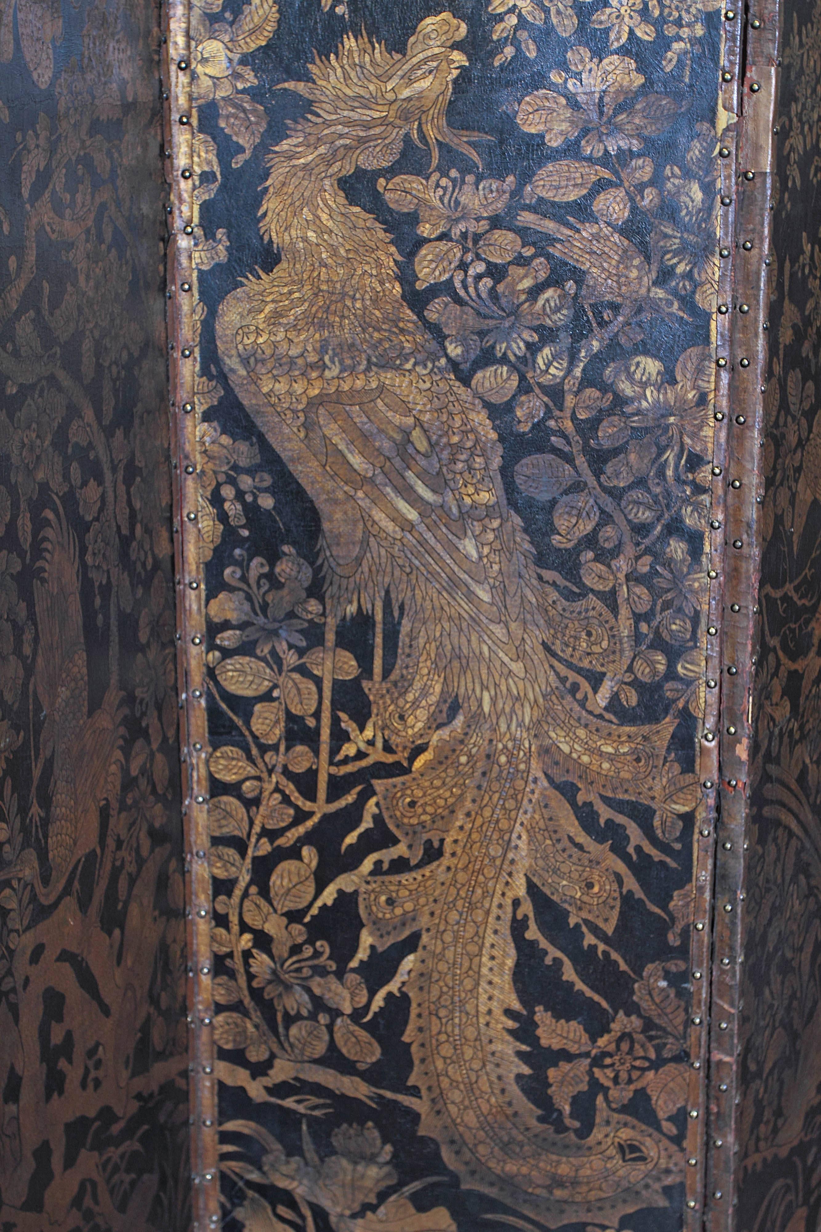 Chinoiserie Embossed and Painted Leather Floor Screen For Sale 1