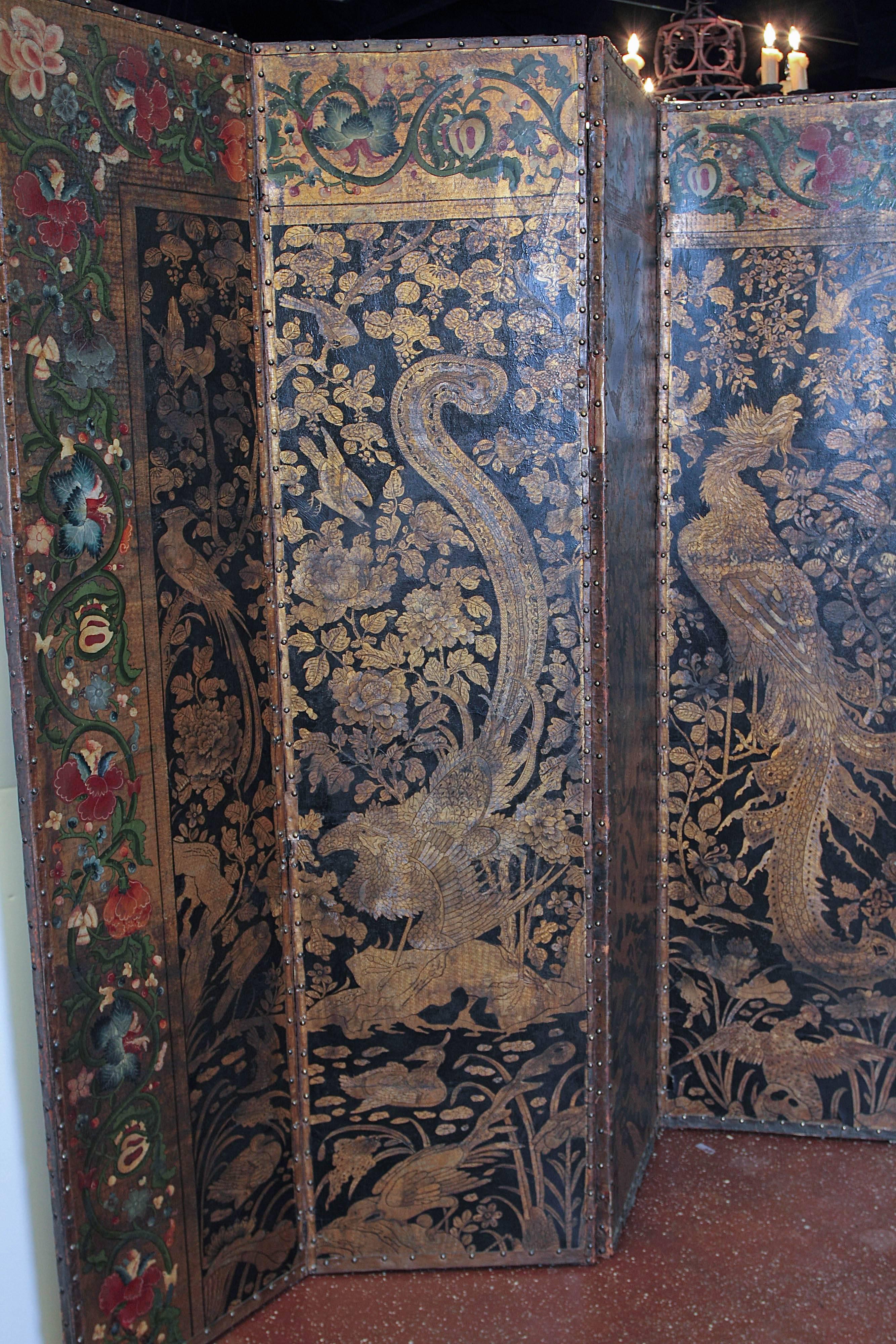 Chinoiserie Embossed and Painted Leather Floor Screen For Sale 2