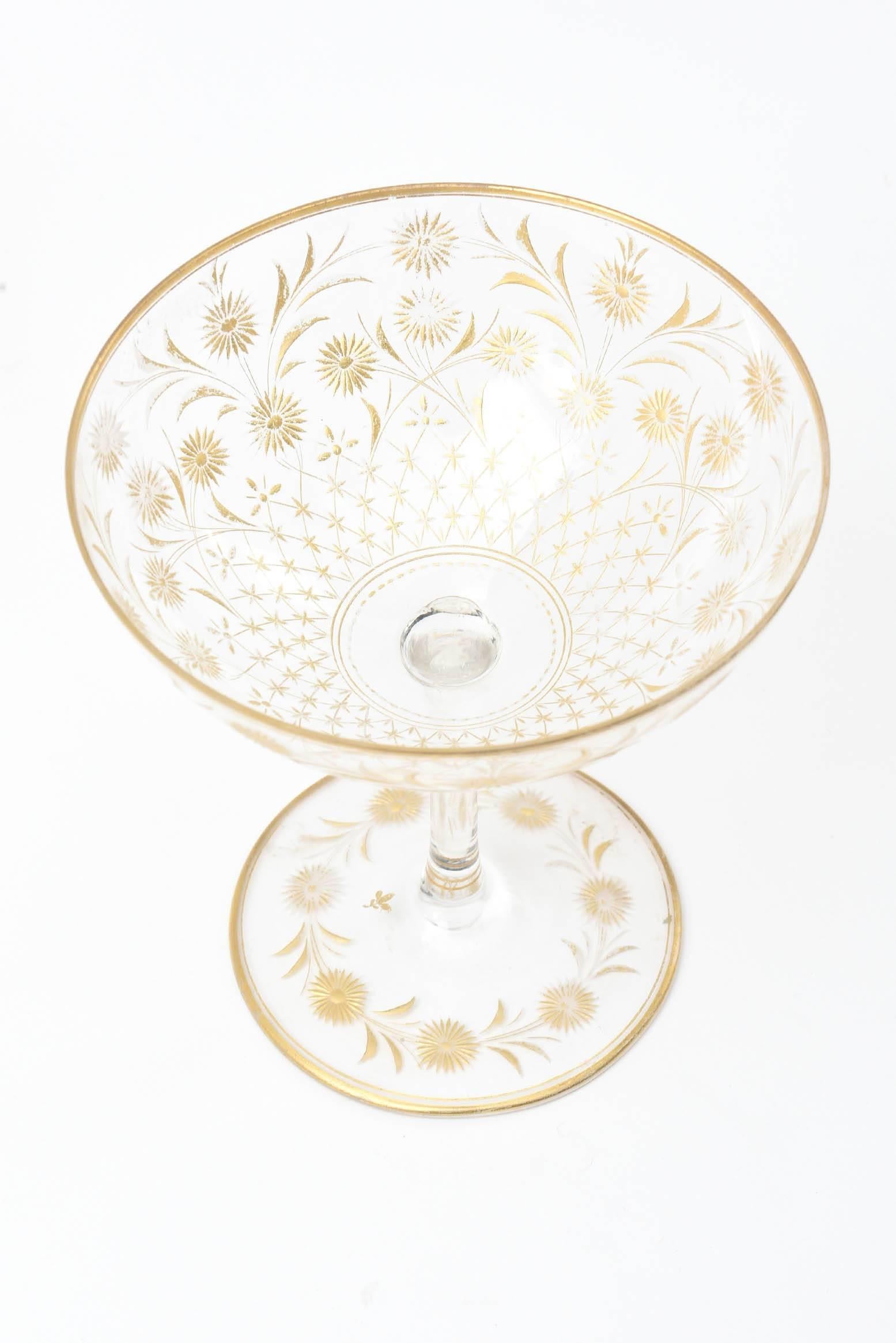 6 Antique Champagne Coupes, 19th Century Moser, Wheel Cut and Hand Gilded In Good Condition In West Palm Beach, FL