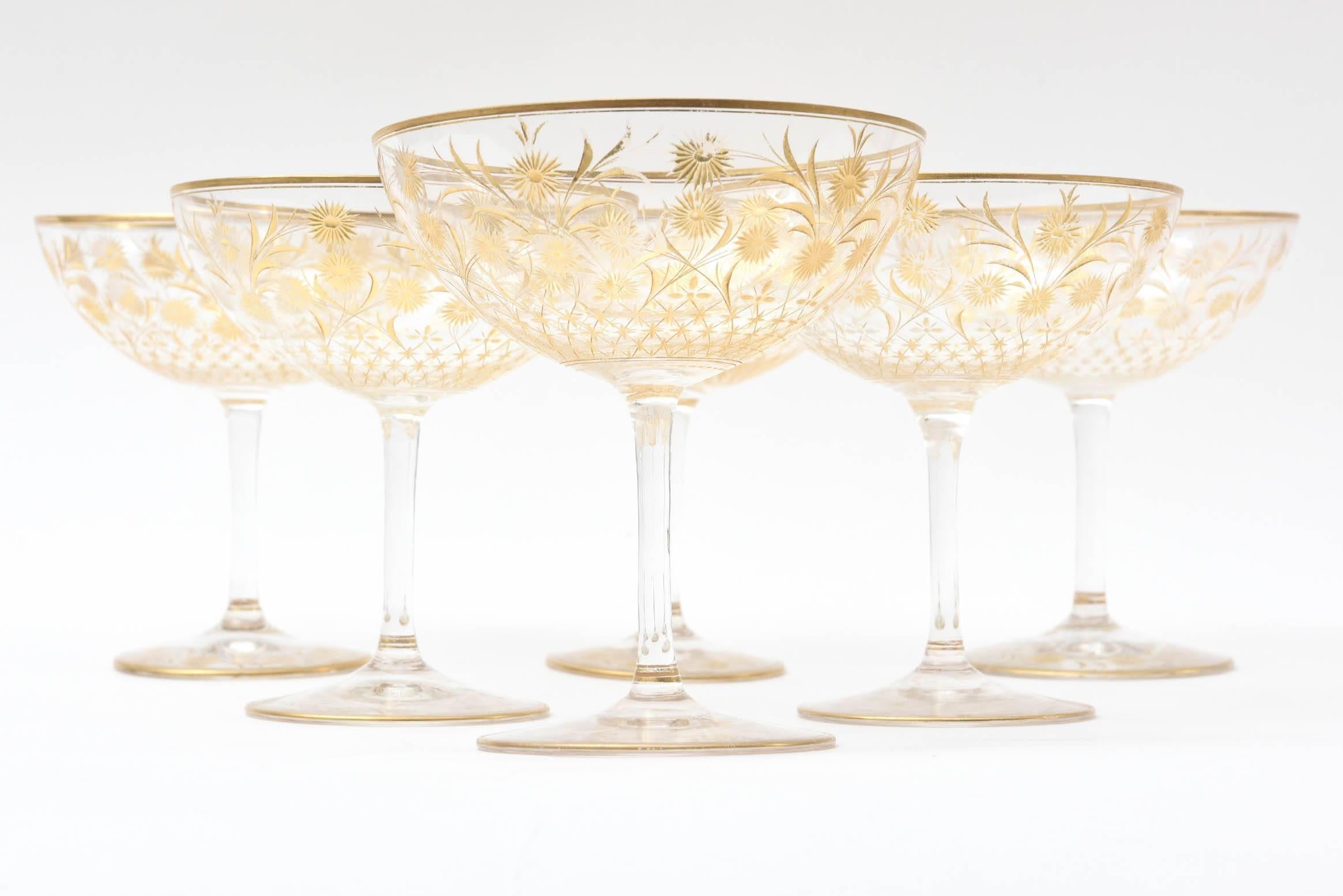 Late 19th Century 6 Antique Champagne Coupes, 19th Century Moser, Wheel Cut and Hand Gilded