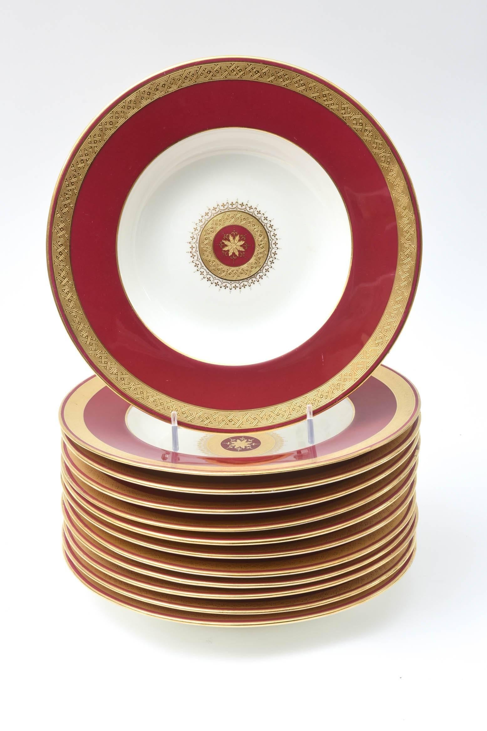 English 12 Custom for Tiffany, Rich Ruby Gilt Encrusted Medallion Rimmed Soup Bowls