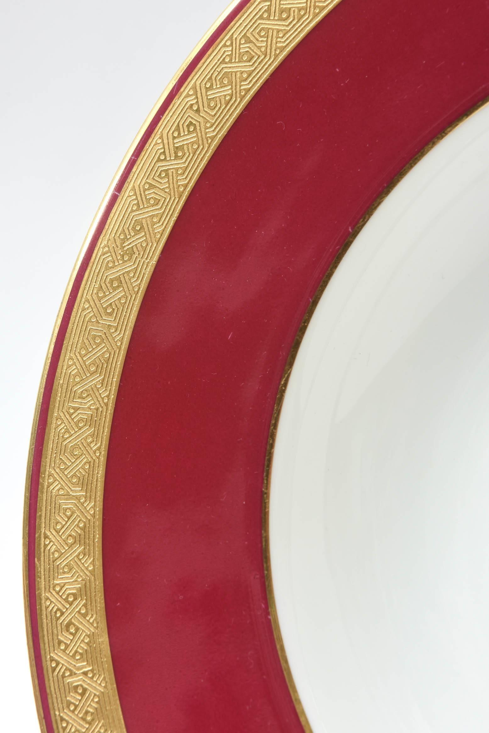 Early 20th Century 12 Custom for Tiffany, Rich Ruby Gilt Encrusted Medallion Rimmed Soup Bowls