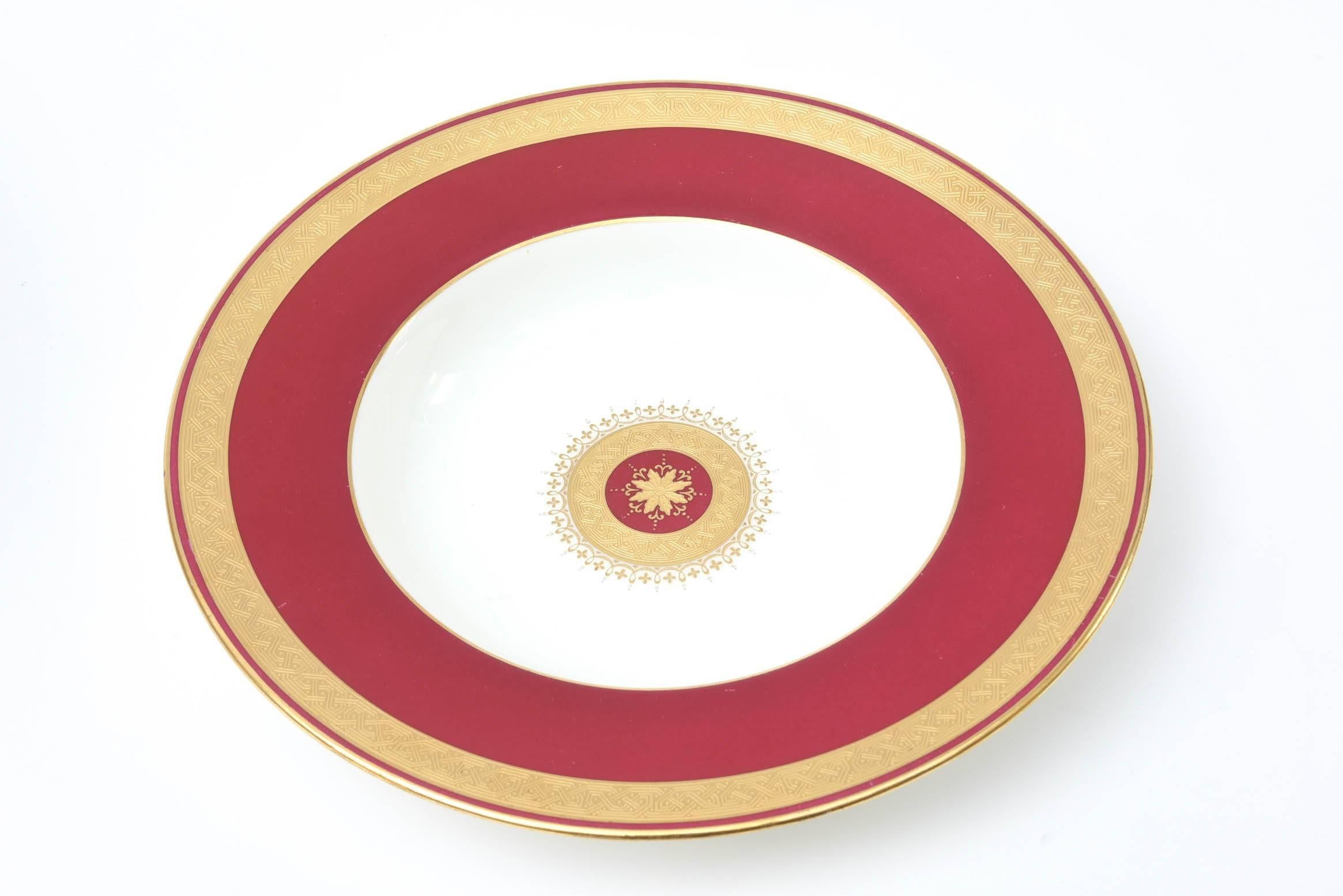 12 Custom for Tiffany, Rich Ruby Gilt Encrusted Medallion Rimmed Soup Bowls 2