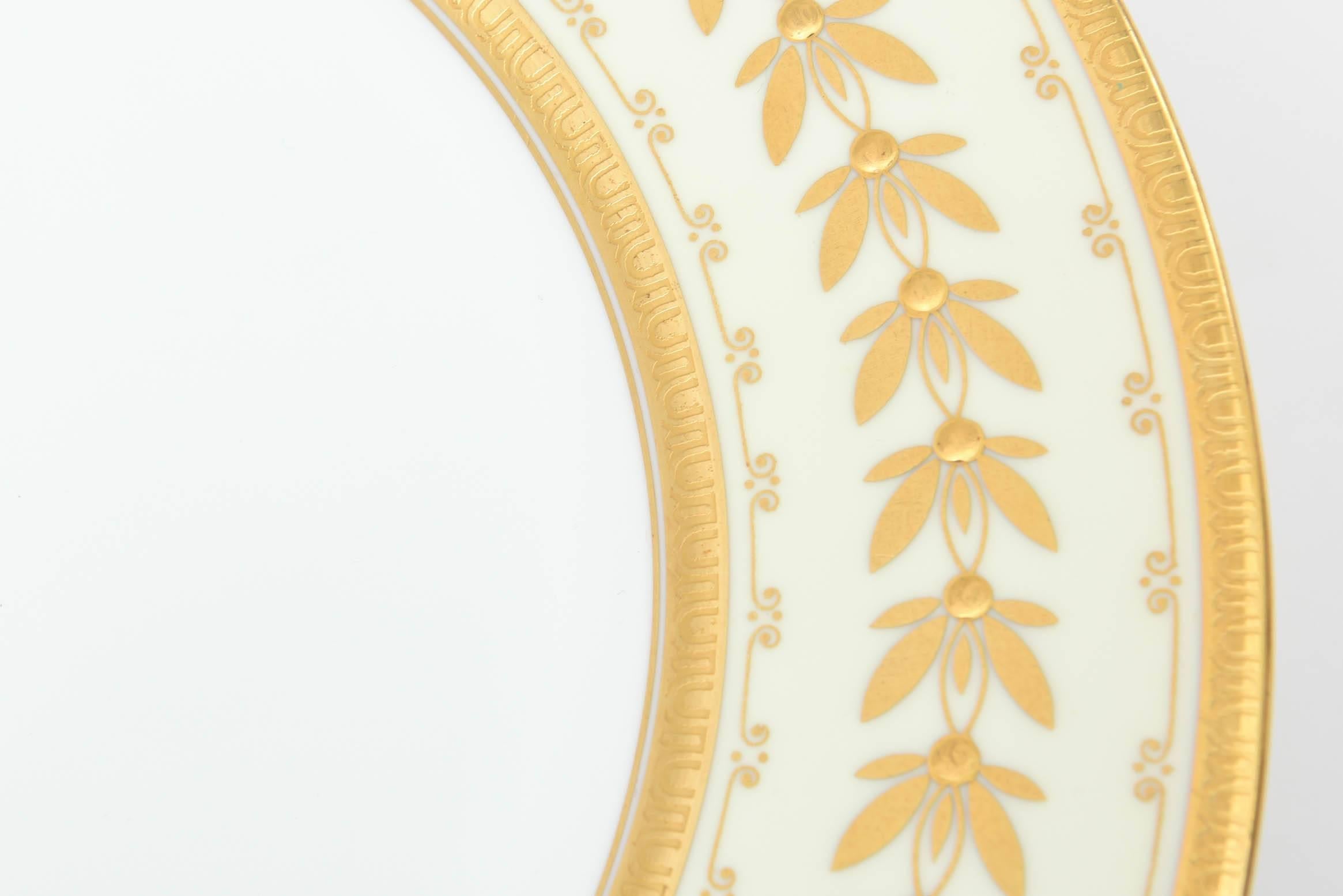English 12 Dinner Plates, Custom for Tiffany, Antique with Raised Gold