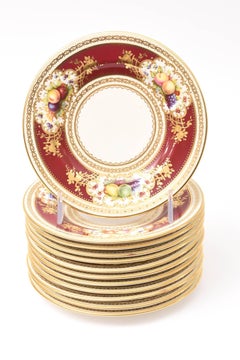 Set of 12 Antique Ruby Hand-Painted Bread or Side Plates Featuring Fruit Florals
