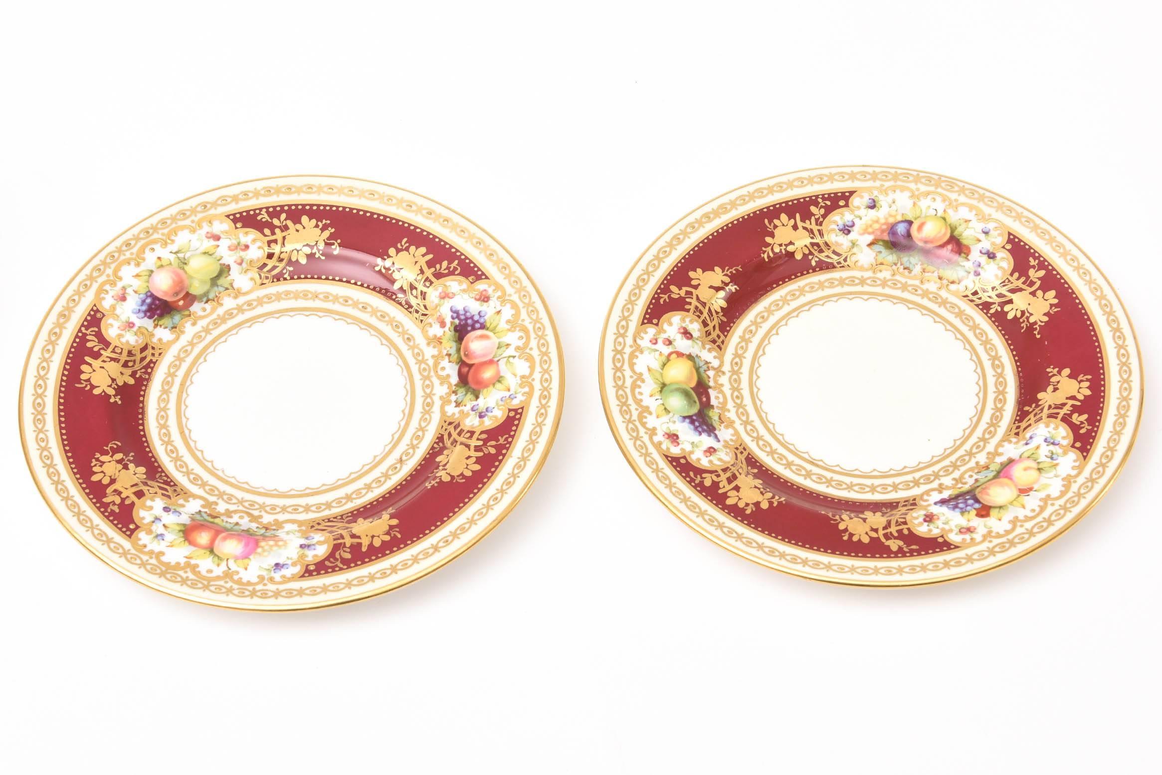 Hand-Crafted Set of 12 Antique Ruby Hand-Painted Bread or Side Plates Featuring Fruit Florals