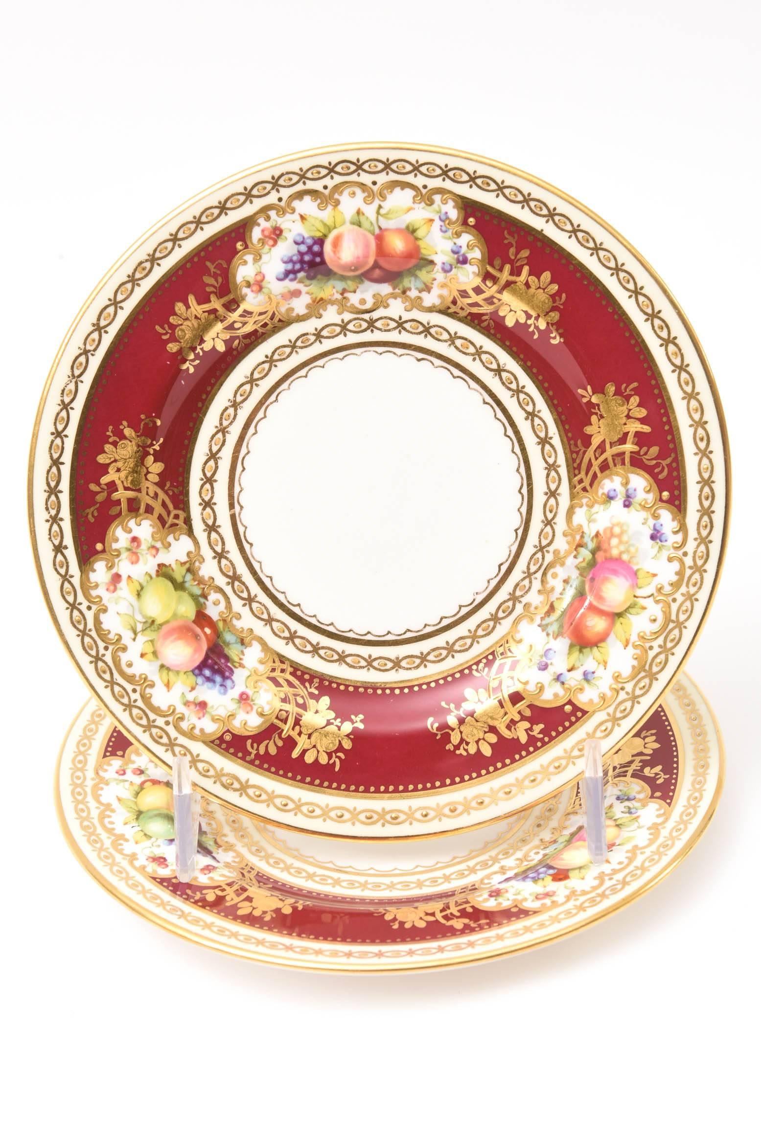 Early 20th Century Set of 12 Antique Ruby Hand-Painted Bread or Side Plates Featuring Fruit Florals