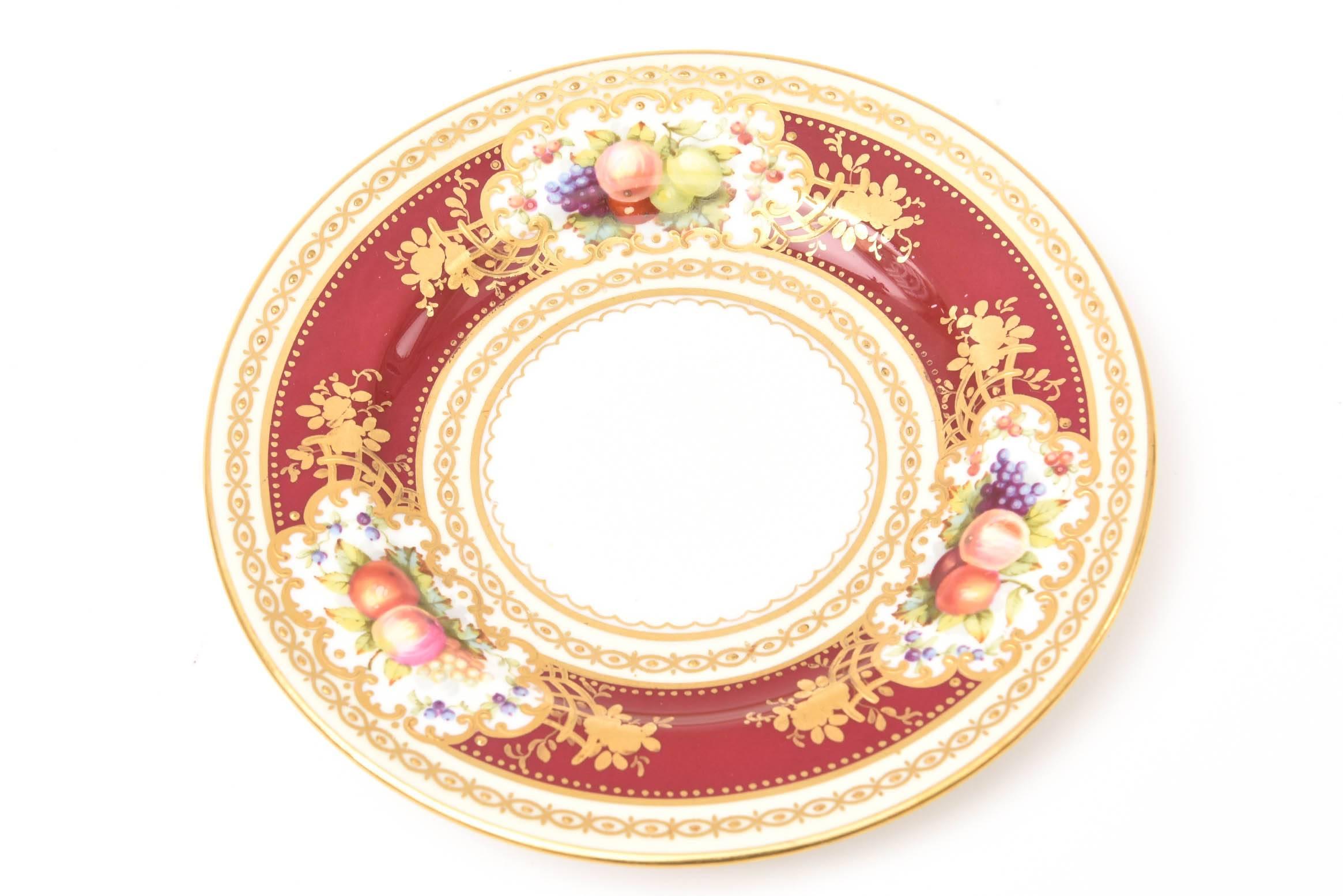 Gold Set of 12 Antique Ruby Hand-Painted Bread or Side Plates Featuring Fruit Florals