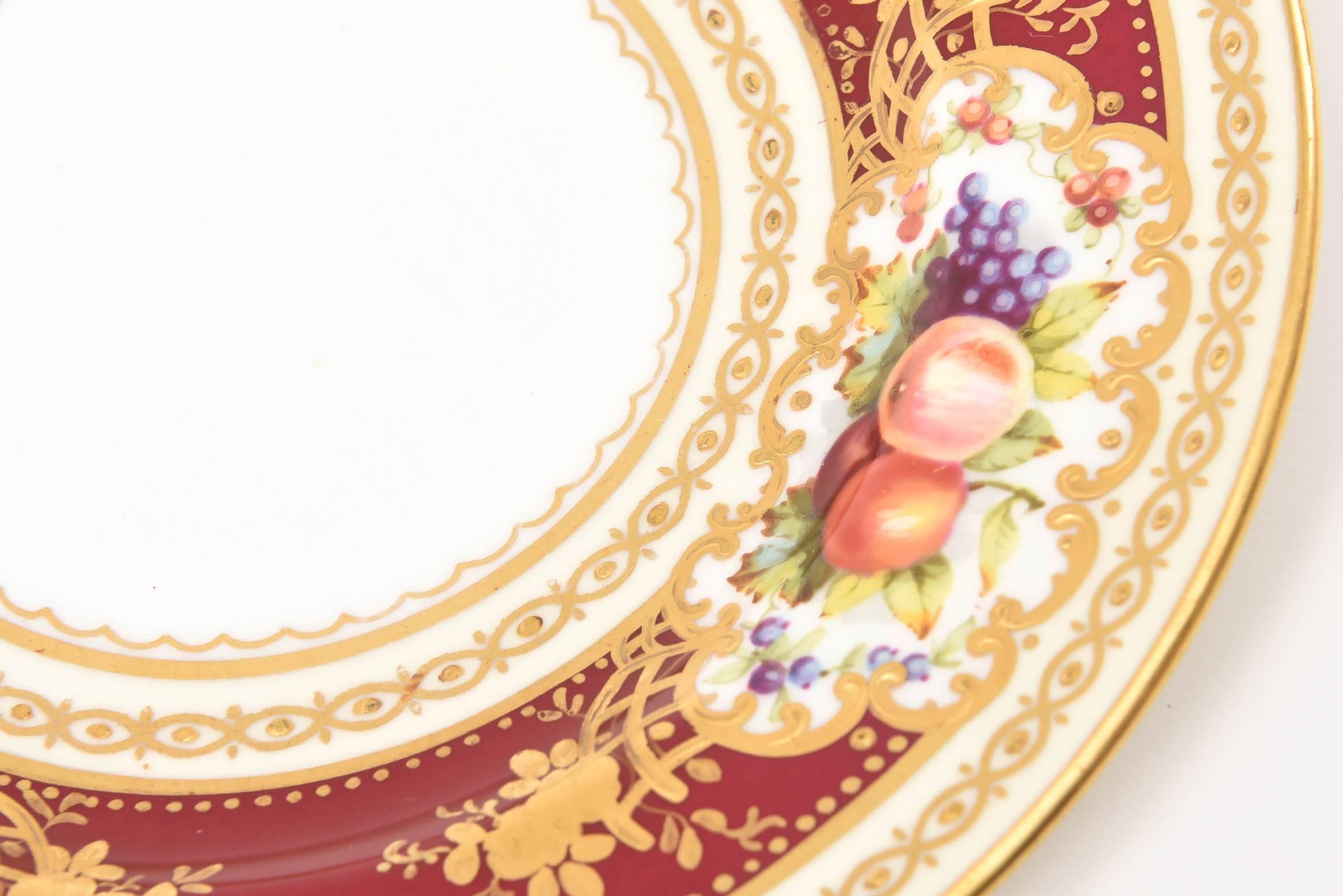 Set of 12 Antique Ruby Hand-Painted Bread or Side Plates Featuring Fruit Florals 1