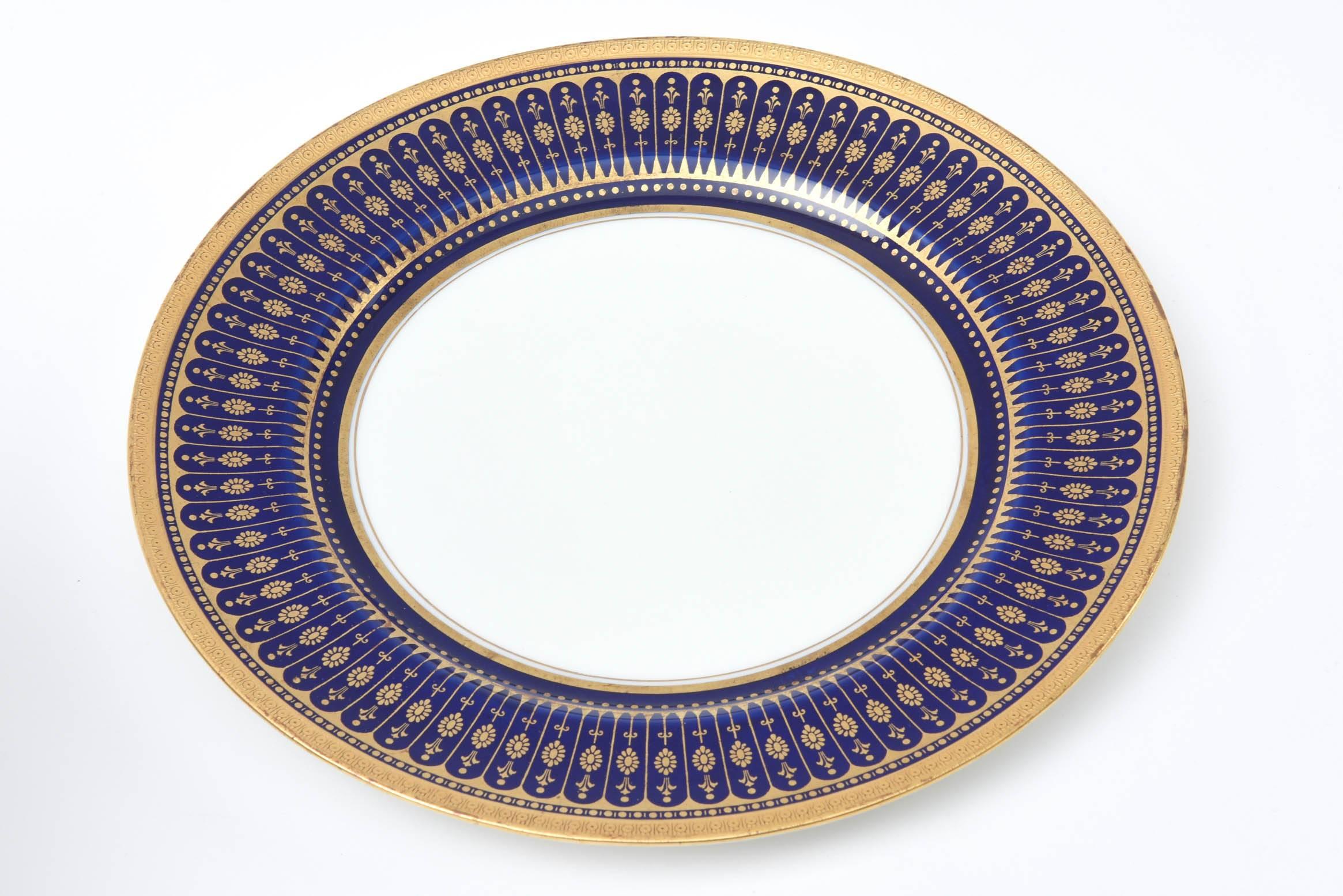 Hand-Crafted 18 Striking Cobalt Blue and Gold Stripe Antique English Dessert/Salad Plates